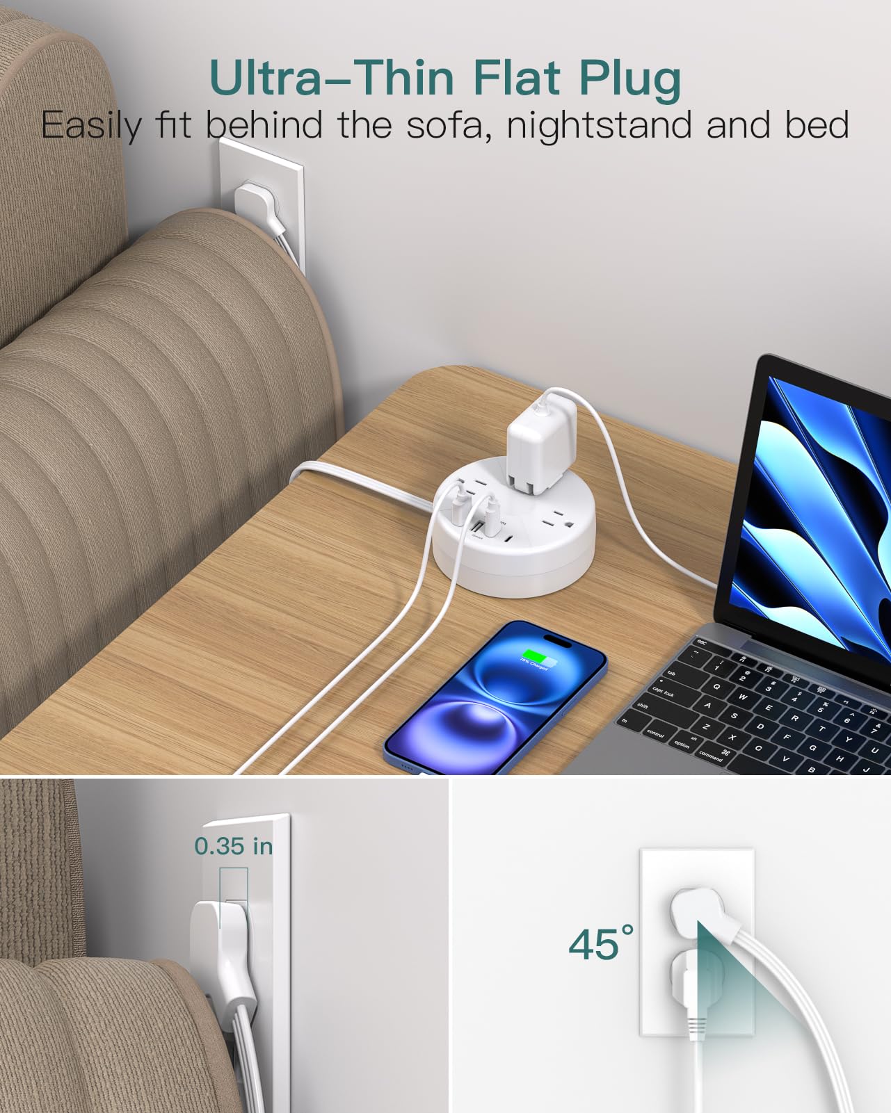 Addtam Travel Esstentials - Cruise Approved Power Strip with 5ft Retractable Cord, Ultra Thin Flat Plug, 3 Outlets 4 USB (2 USB C), Non Surge Protector for Travel/Cruise/Home/Dorm/Office, ETL Listed — view 6
