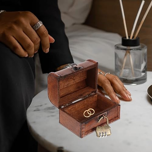 Miniatura 9 de Yardwe Cajas de madera del cofre del tesoro, caja de regalo, caja de anillo pirata, caja de anillo vintage, soporte para collar, aretes, caja de