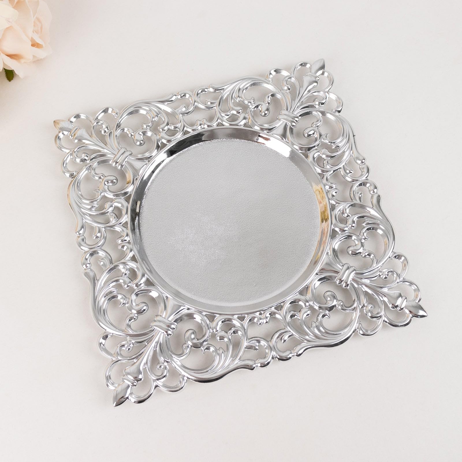 TABLECLOTHSFACTORY 6 Pack Silver Square Acrylic Charger Plates with Hollow Lace Border, Dinner Chargers Event Tabletop Decor - 12