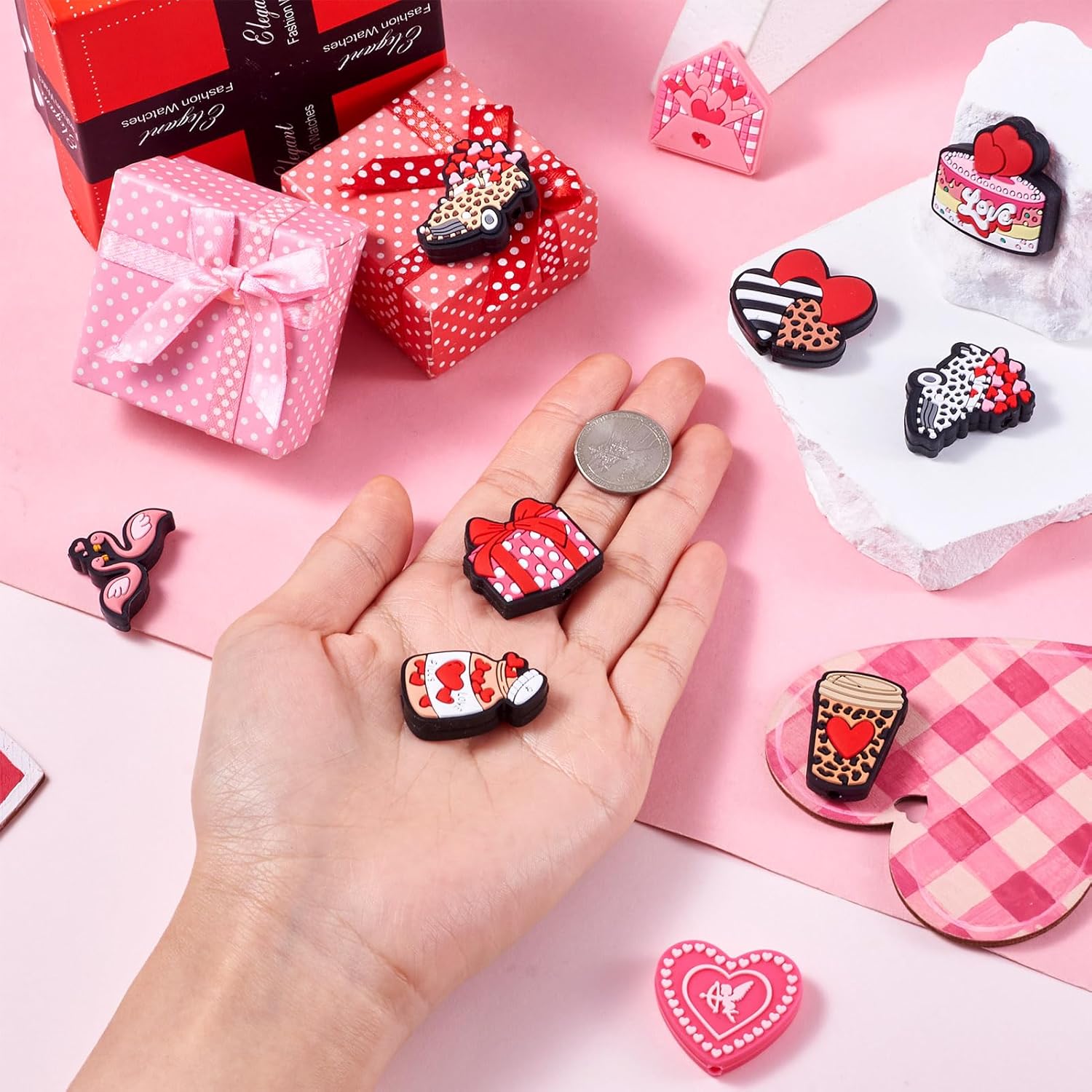 Spritewelry 10Pcs Valentine's Day Silicone Focal Beads Sweet Heart with Cupid Swan Silicone Beads Leopard Print Rubber Beads Beaded Pen Beads for Keychain Jewelry Making DIY Craft 10 Styles - Image 5