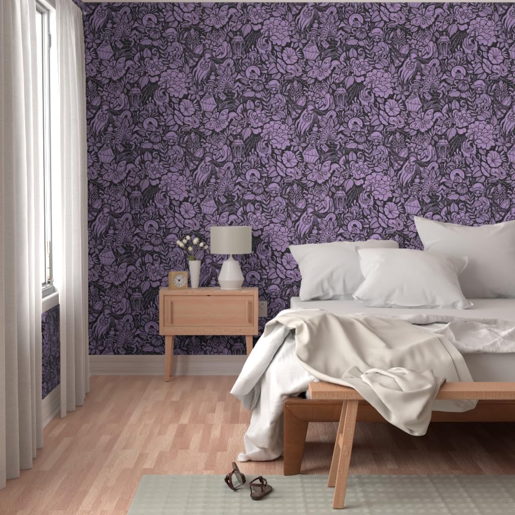 Spoonflower Peel & Stick Wallpaper Swatch - Witch Life Purple Halloween Moth Spooky Snake Custom Removable Wallpaper