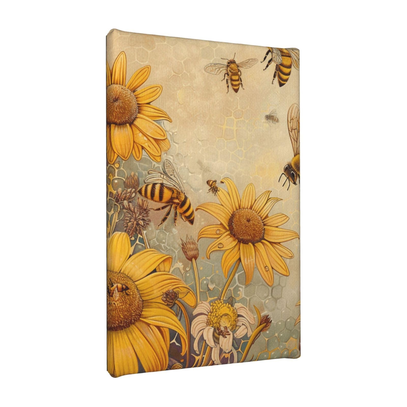 YKLJG Rural Honey Bees flowers Printed Wall Art Canvas Painting 20x30 CM Wooden Framed Picture Painting Artwork Prints for Bedroom Kitchen Home Office Decor