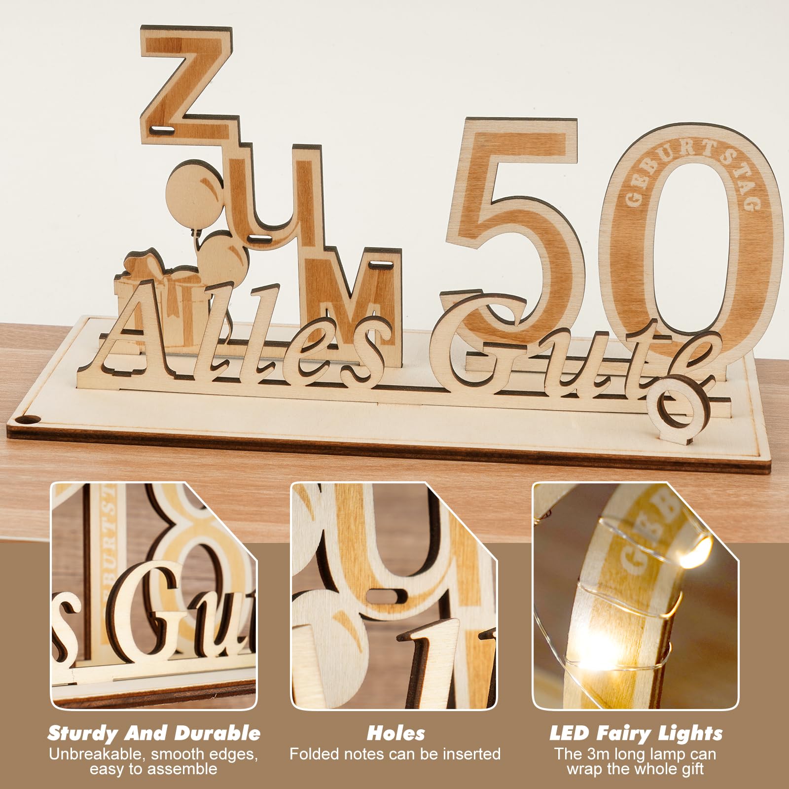 YSWOVUO Regalo di 50° Compleanno Uomo Donna, Libro Degli Ospiti in Legno per Uomo e Donna, Regali d'Argento in Legno con Catena Luminosa LED, Alles Gute