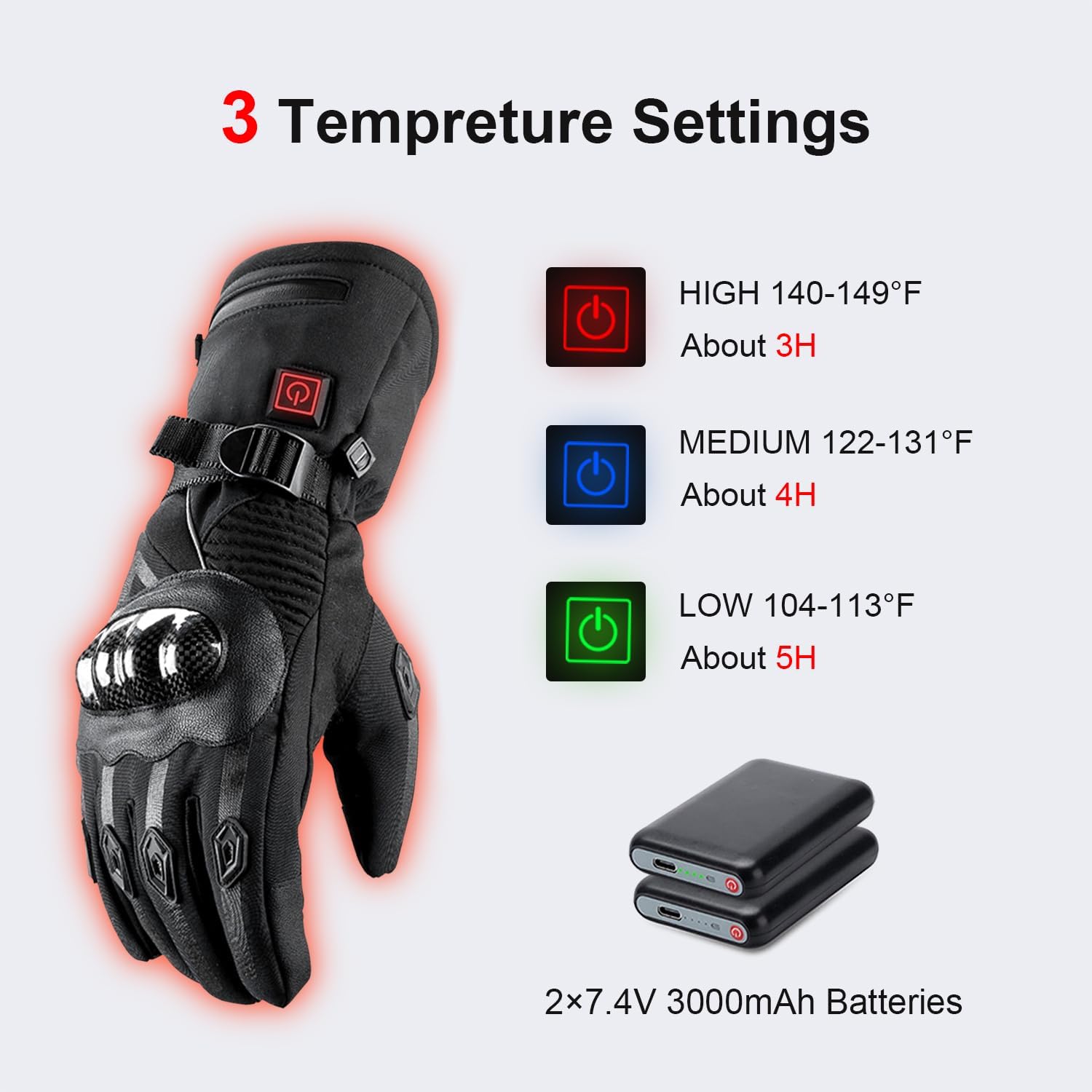 Electric Heated Gloves for Men & Women - Rechargeable, Touchscreen Waterproof & Windproof - 3 Temperature Levels - Perfect for Motorcycle, Cycling, Skiing & Hiking, Outdoor Winter Sports