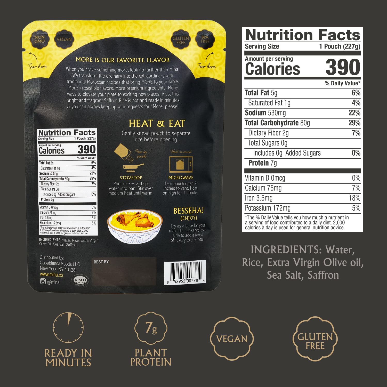 Mina Saffron Rice, Yellow Rice, With Extra Virgin Olive Oil, Ready to Eat Rice Pilaf, Side Dishes, Microwave Rice, Vegan Protein, Non-GMO, Gluten-Free, Kosher, 8 oz (Pack of 6)