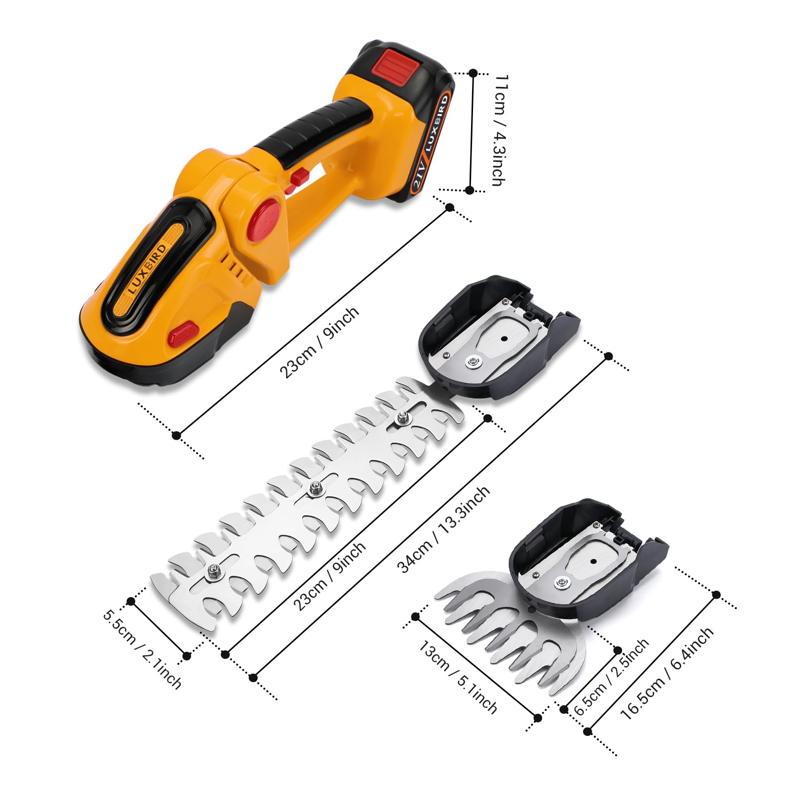 LUXBIRD Tagliasiepi 21V Tagliasiepi per erba, 2-in-1 tagliasiepi elettrico senza fili, Tagliaerba manuale IP67 impermeabile, con 2 lame intercambiabili e 2 batterie ricaricabili Giallo