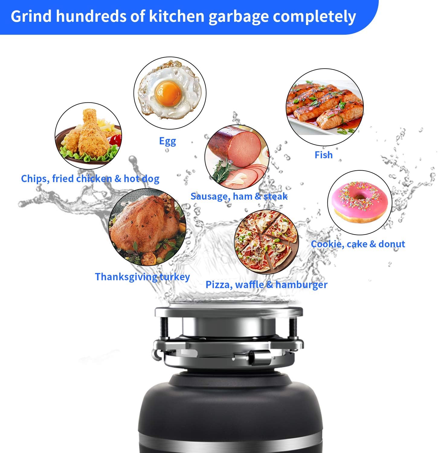 Top Rated Garbage Disposal 1/2 HP HomeAid Quiet Food Waste Disposer with Power Cord for Kitchen Sink AC Motor Unit Continuous Feed Plug In Stainless Steel Grind Half Horsepower