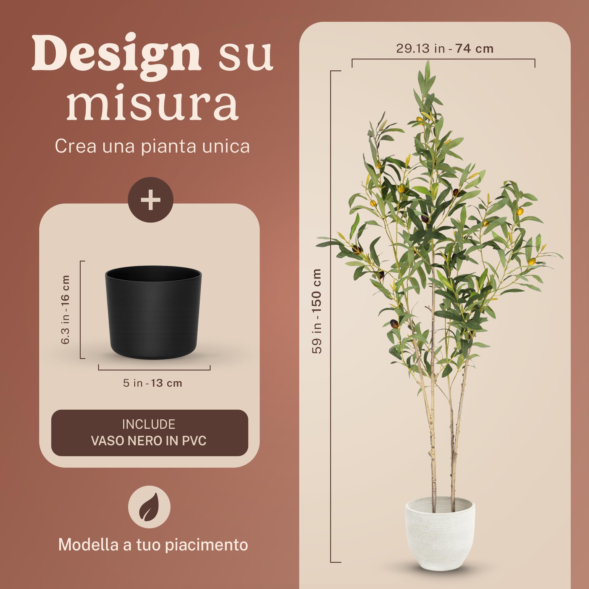 MAIA SHOP Olivo artificiale Flair 150 cm Minimal, pianta finta da interno con tronco naturale, albero decorativo realistico per casa ufficio hotel