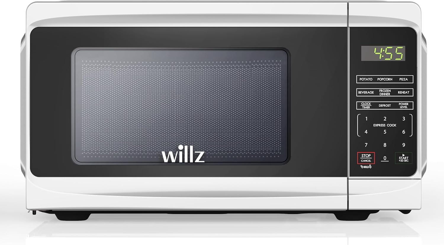Фронт view of the Willz WLCMD211WE-10 Countertop Microwave Oven in white.