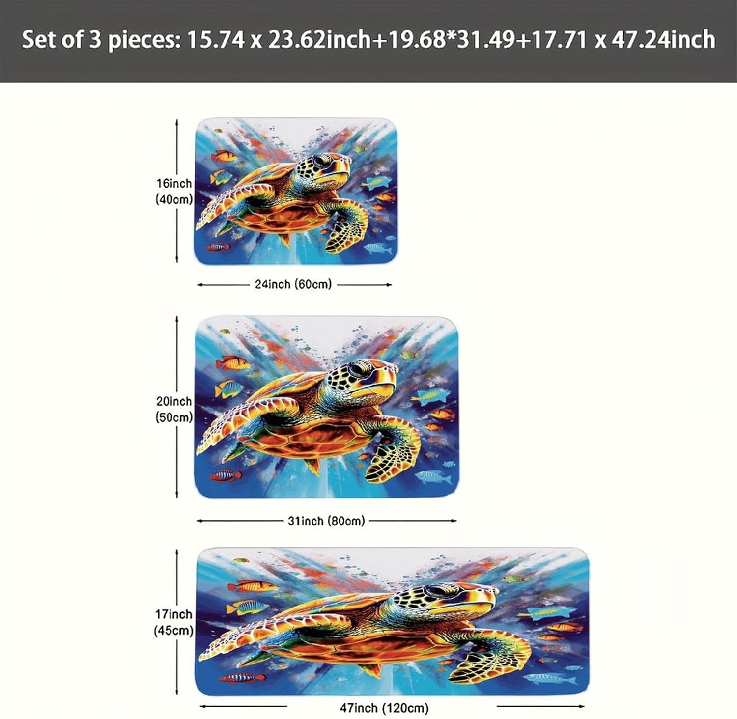 Colorful Sea Turtle Kitchen Rugs Sets of 3 Washable Non Slip Kitchen Rug Water Resistant Carpet Piece Anti Fatigue Kitchen Mats Soft Comfort Standing Mat Modern Area Rug