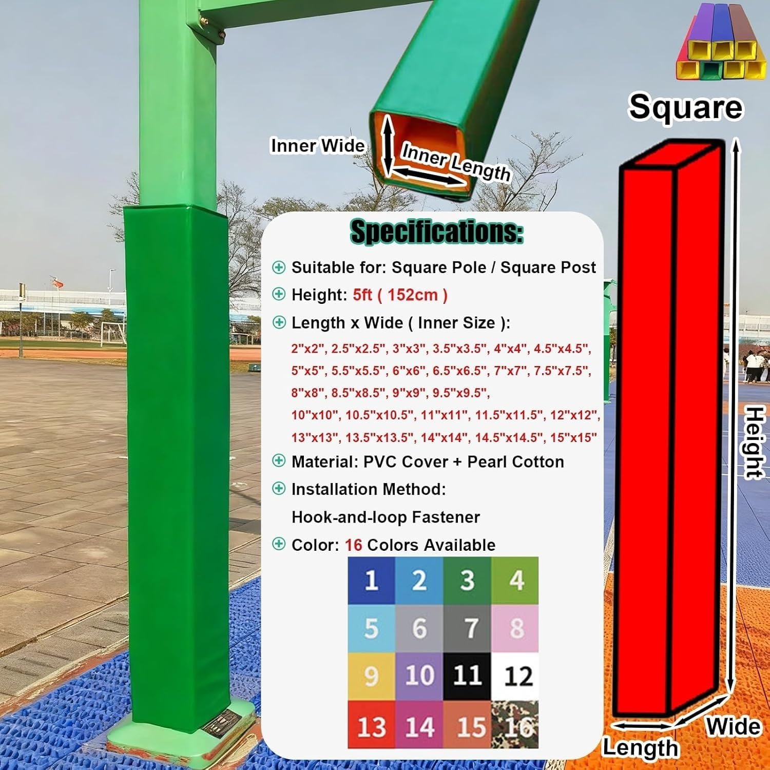 5 FT Tall Crash Pad Cover Basement Column Cushion Cover, Gym Pole Padding Square Beam Wrap, Basketball Post Protective Pads Indoor Outdoor