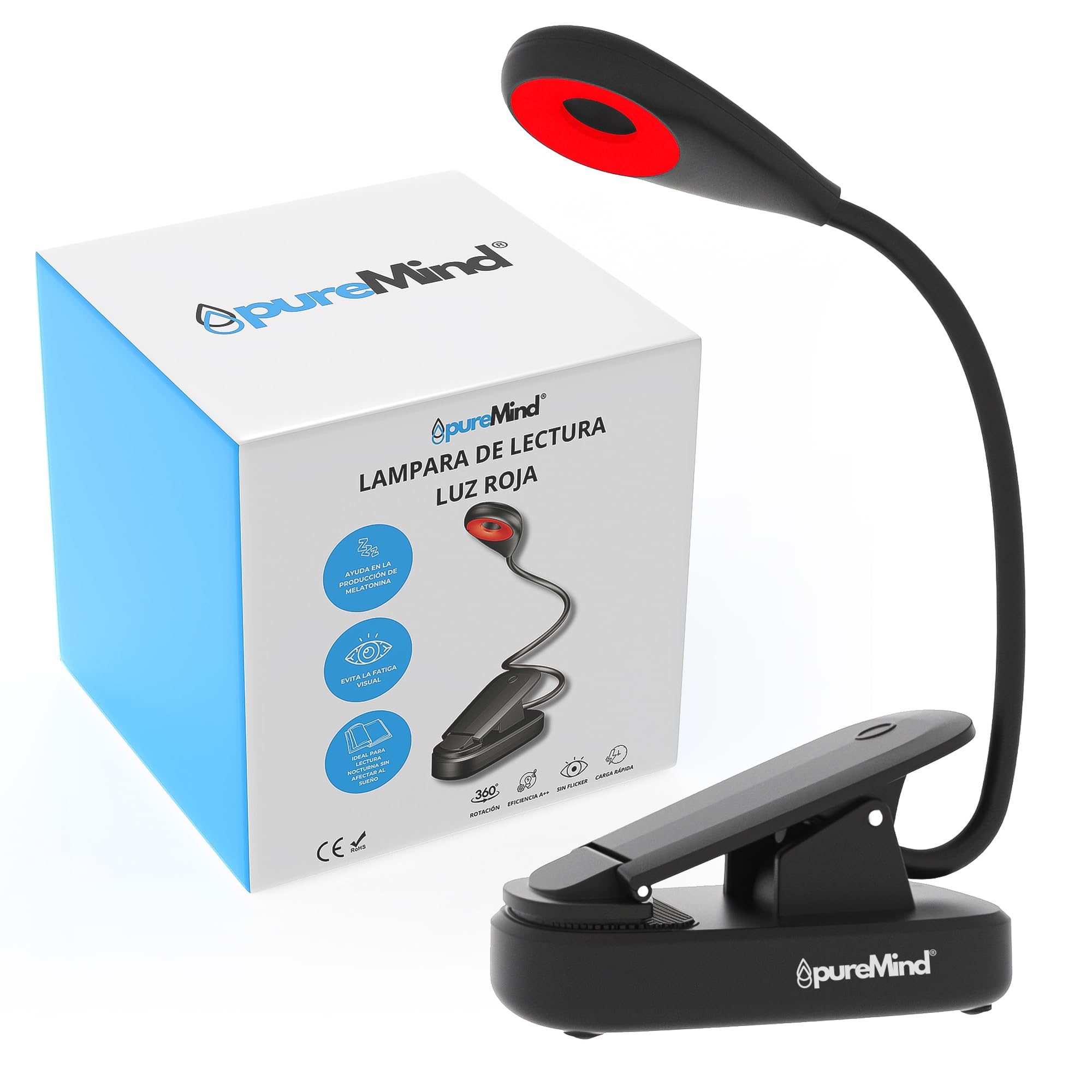 Puremind Lampada Lettura Luce Rossa con Pinza USB Ricaricabile - Senza Luce Blu + Flicker Free - Collo Flessibile 360º + 3 Intensità - Lettura Notturna a Letto + Relax + Studio