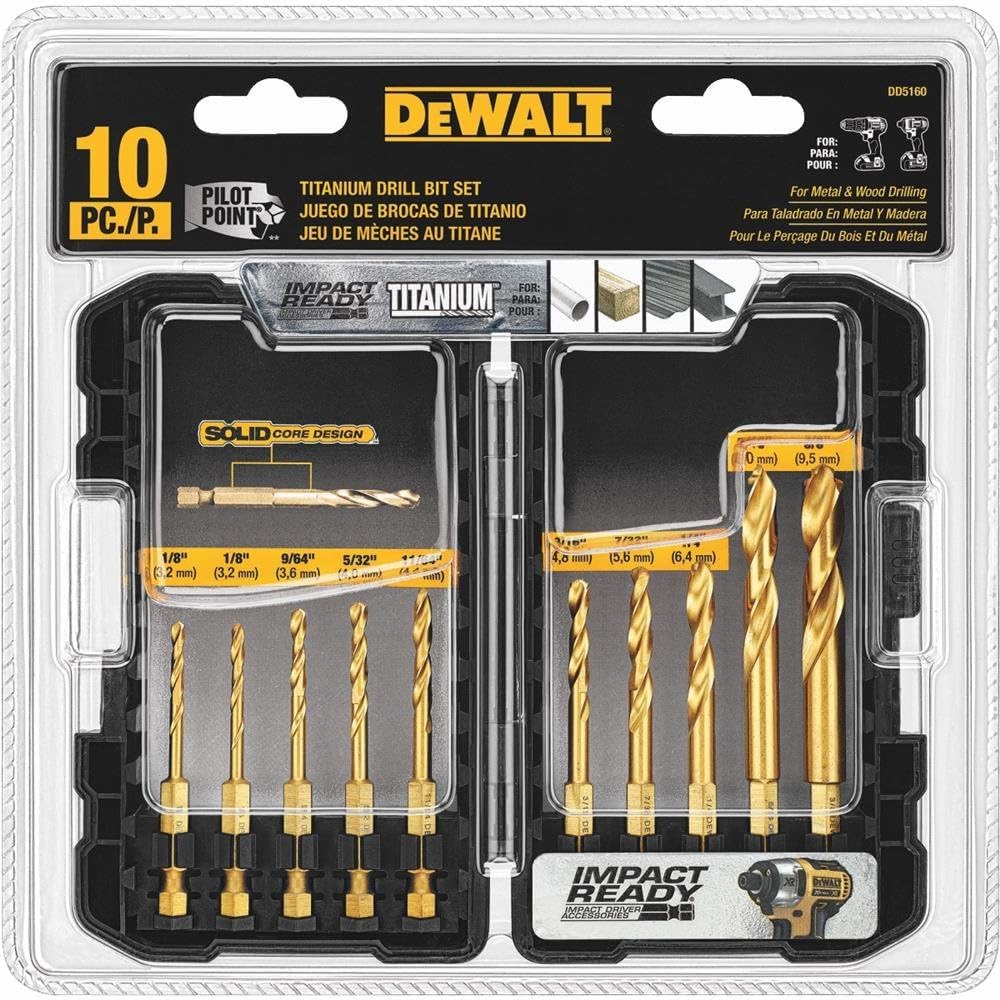 Titanium Nitride Coated Drill Bit Set by DEWALT – One Size (Pack of 5), Titanium Nitride Coated, Multi, Pack of 5, Model DD5160