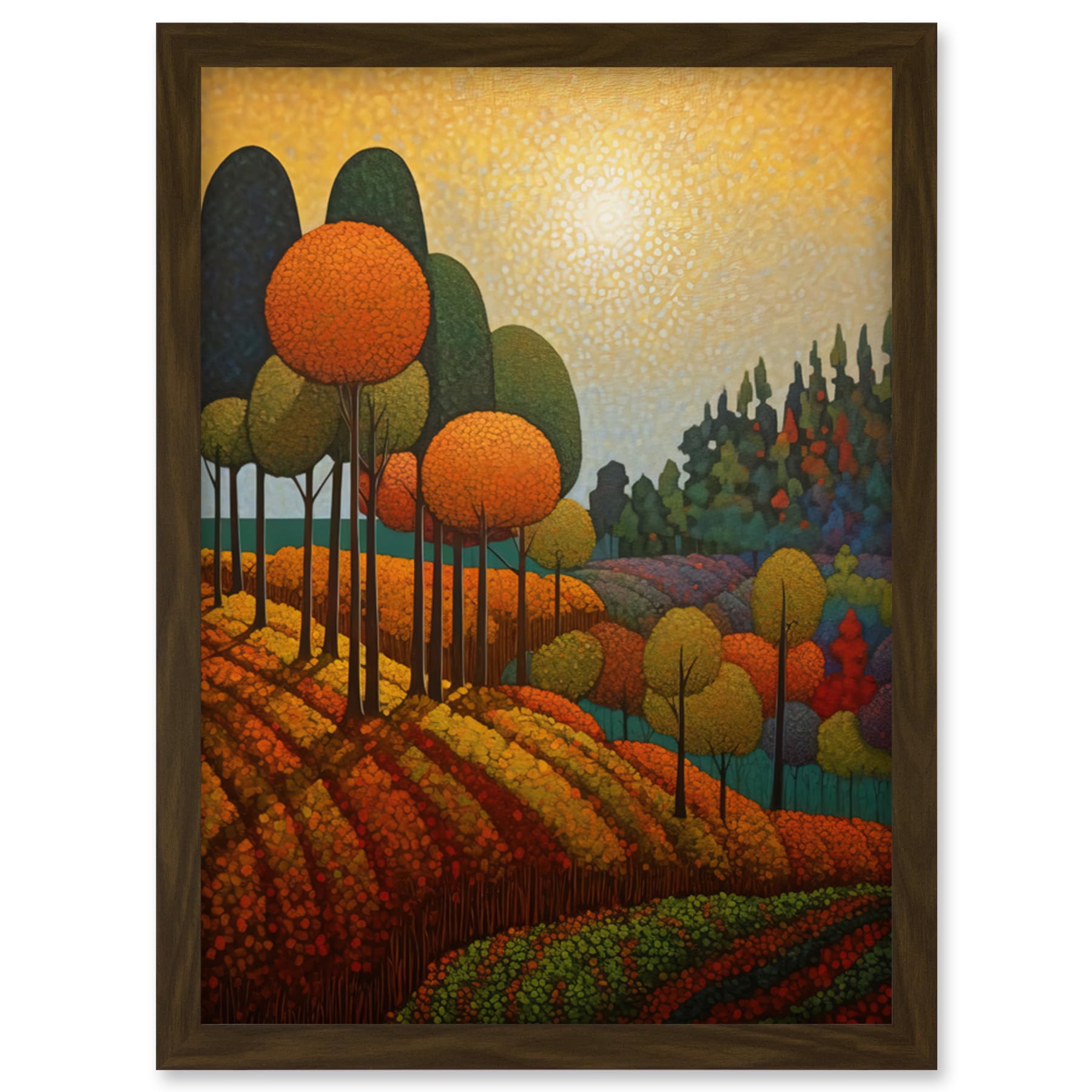 Artery8 Autumn Fields Pointillism Painting Amber Orange Green Countryside Landscape Artwork Framed Wall Art Print A4