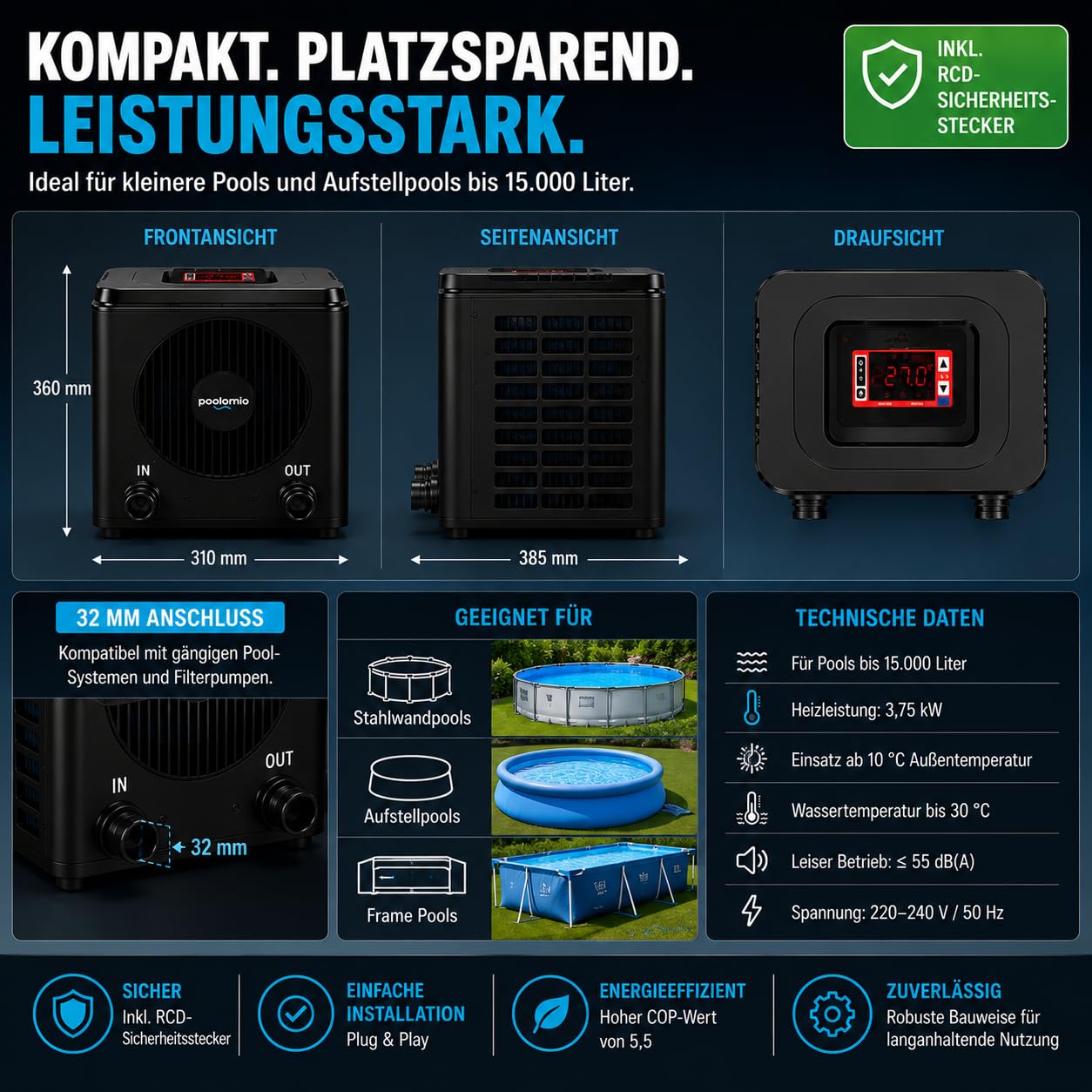 poolomio® Mini Pompe à Chaleur pour Piscine 3,75 KW avec contrôle par Application WiFi - Chauffage Efficace de Piscine COP 4,84 pour piscines Hors-Sol et Petites piscines jusqu'à 15 000 litres