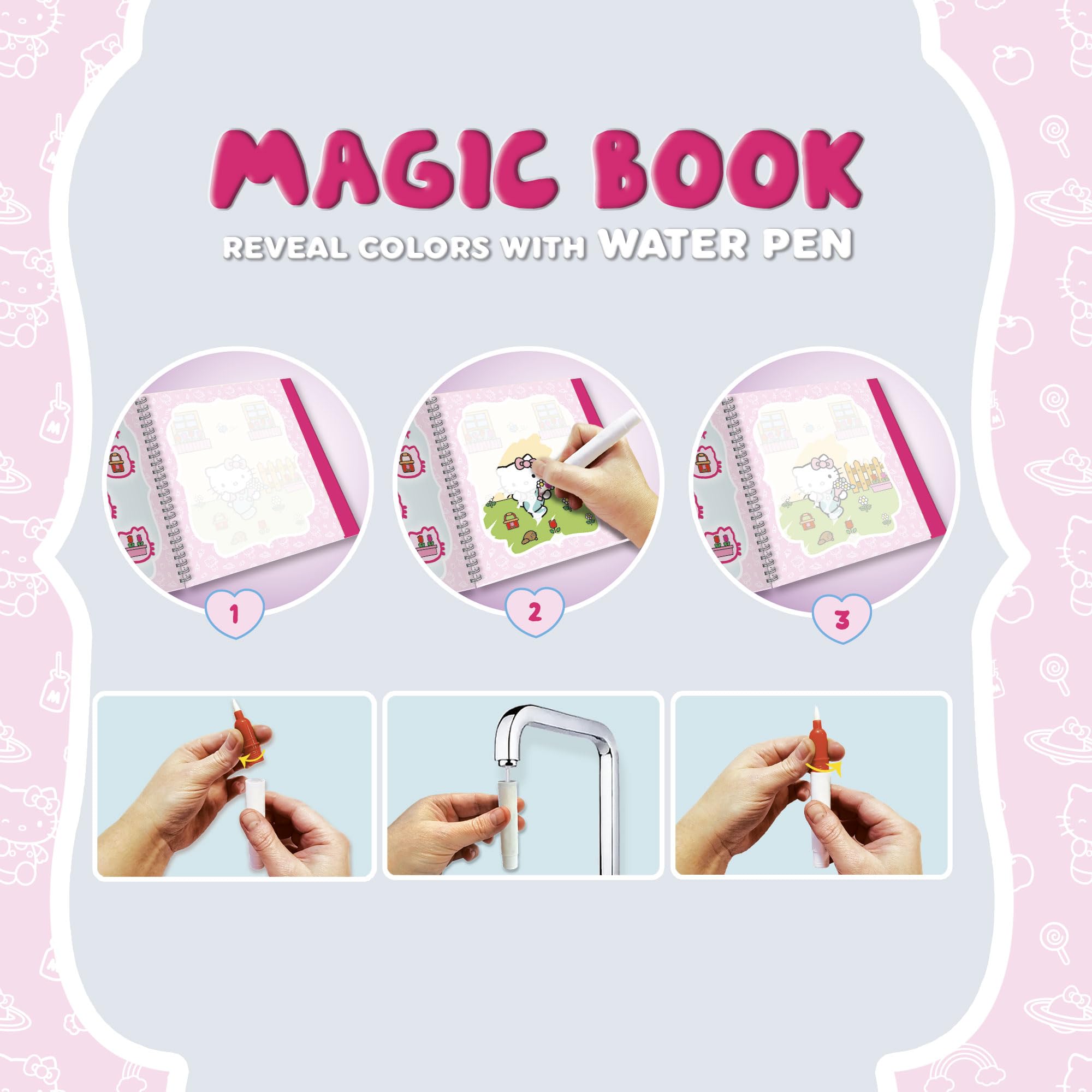 Lisciani – Livre Magique à Eau Hello Kitty – 12 Pages Réutilisables – Stylo à Eau Inclus – Dès 3 Ans – Voyage