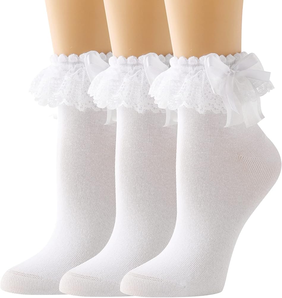 Amazon.com: AMHRLINGTO Lace Ruffle Frilly Socks for Women - Lace Ankle Socks with Bow (White-3 Pairs) : Clothing, Shoes & Jewelry