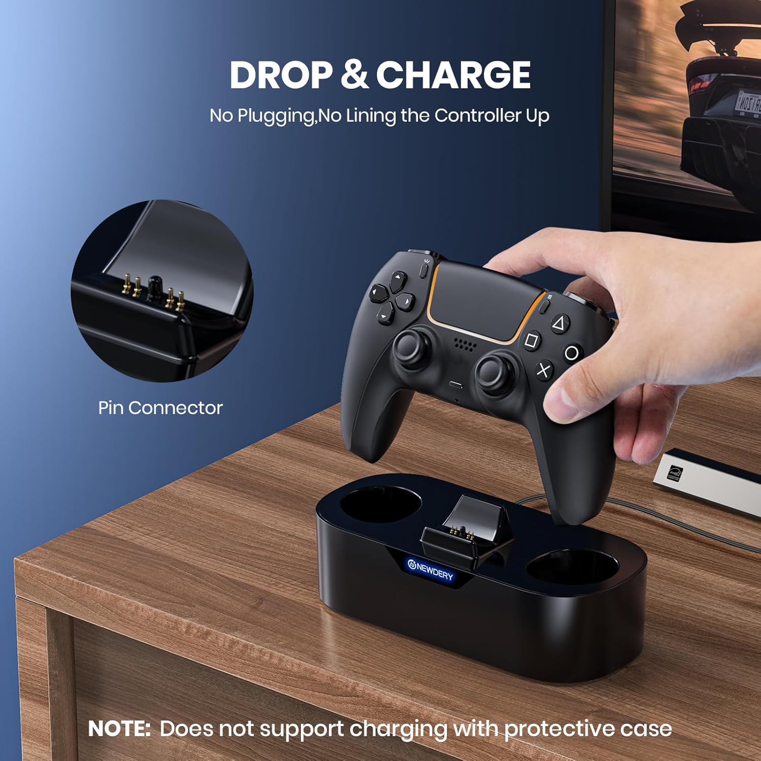 NEWDERY PS5 Controller Charger Station, Fast Charging Dock for PlayStation 5 Controllers, Single Controller Charging Stand Replacement for PS5 Controller & DualSense Edge Controller, Black - Image 3