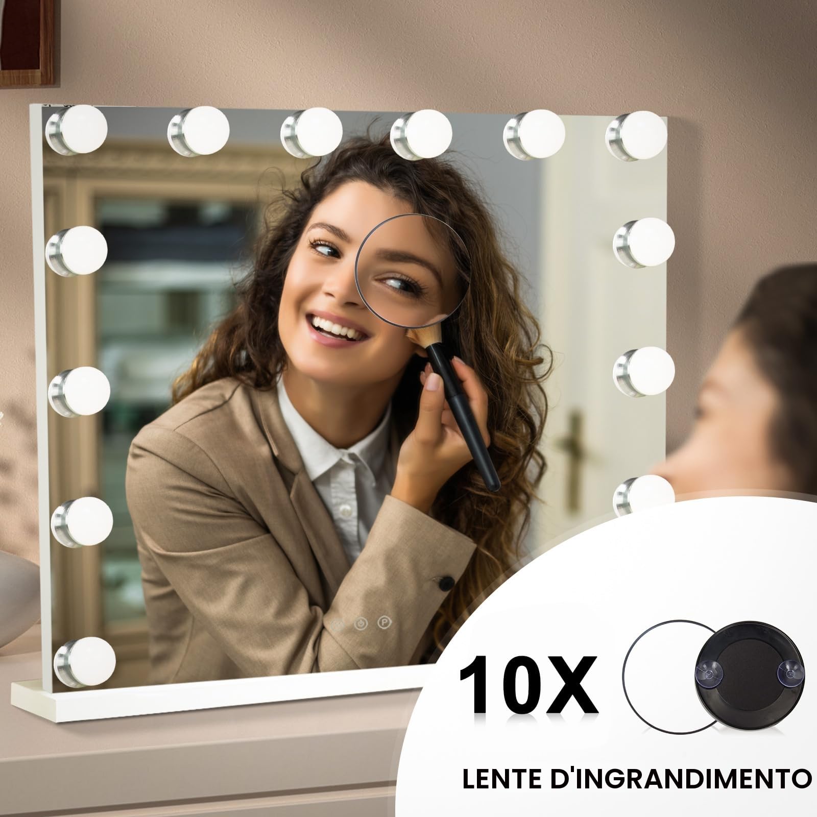 Hollywood Specchio Trucco con luci, Specchio Trucco con 14 lampade LED, Illuminato Specchio da Tavolo con 10x ingrandente, 50x40cm