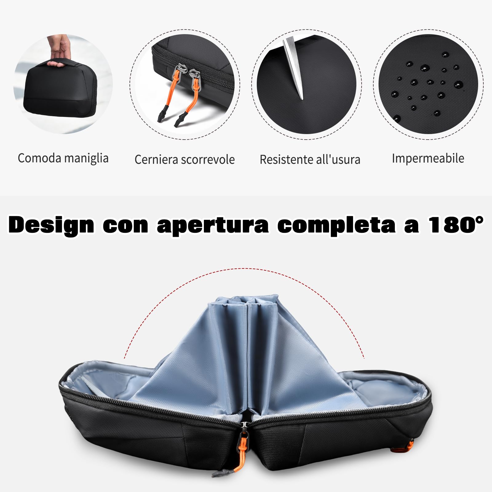 FANDARE Custodia Organizer Portatile per Cavi e Accessori Elettronici Nero | 5 scomparti pieghevoli, elastico anti-groviglio, tasca per batteria, apertura 180°, leggero in poliestere
