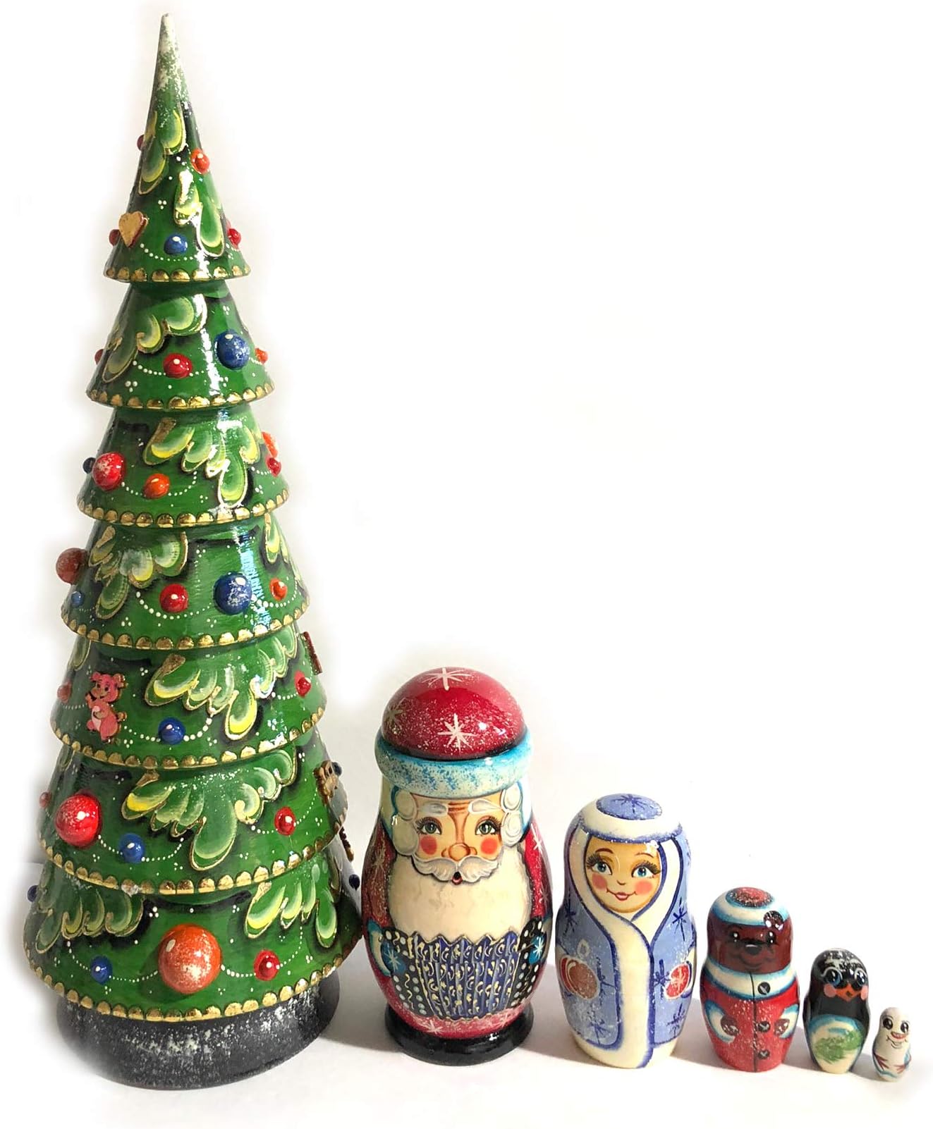 Large 6 Nested Wooden Hand Painted Christmas Tree 17 3/4 Inch