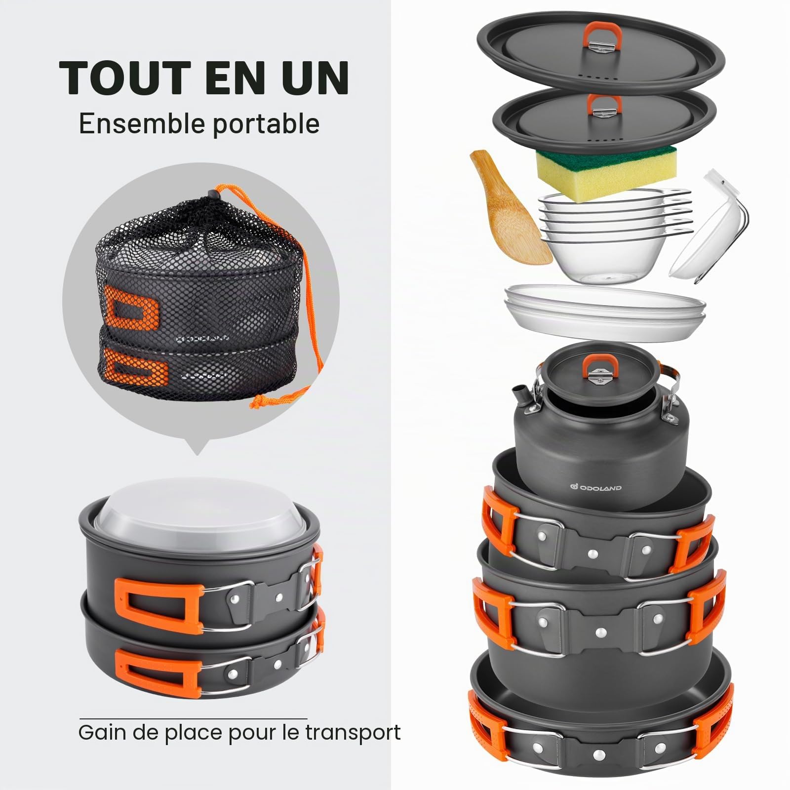 Odoland Set de Casseroles de Camping 15 Pièces, Set de Vaisselle Outdoor avec 3 Casseroles et Poêle à Frire, Kit de Casseroles en Aluminium pour Outdoor Pique-Nique, 4-5 Personnes