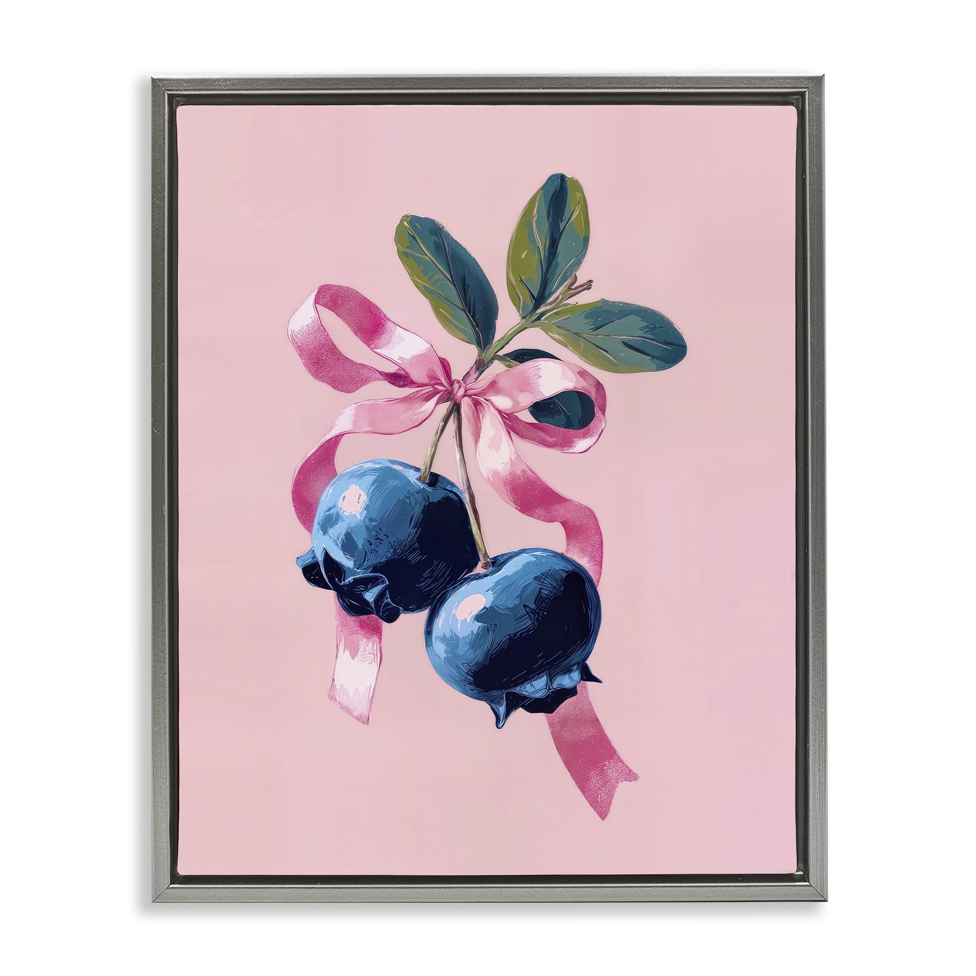 Stupell Industries Luster Gray (Matte) 'Blueberry Branch With Pink Bow'| Floating Frame Canvas Art