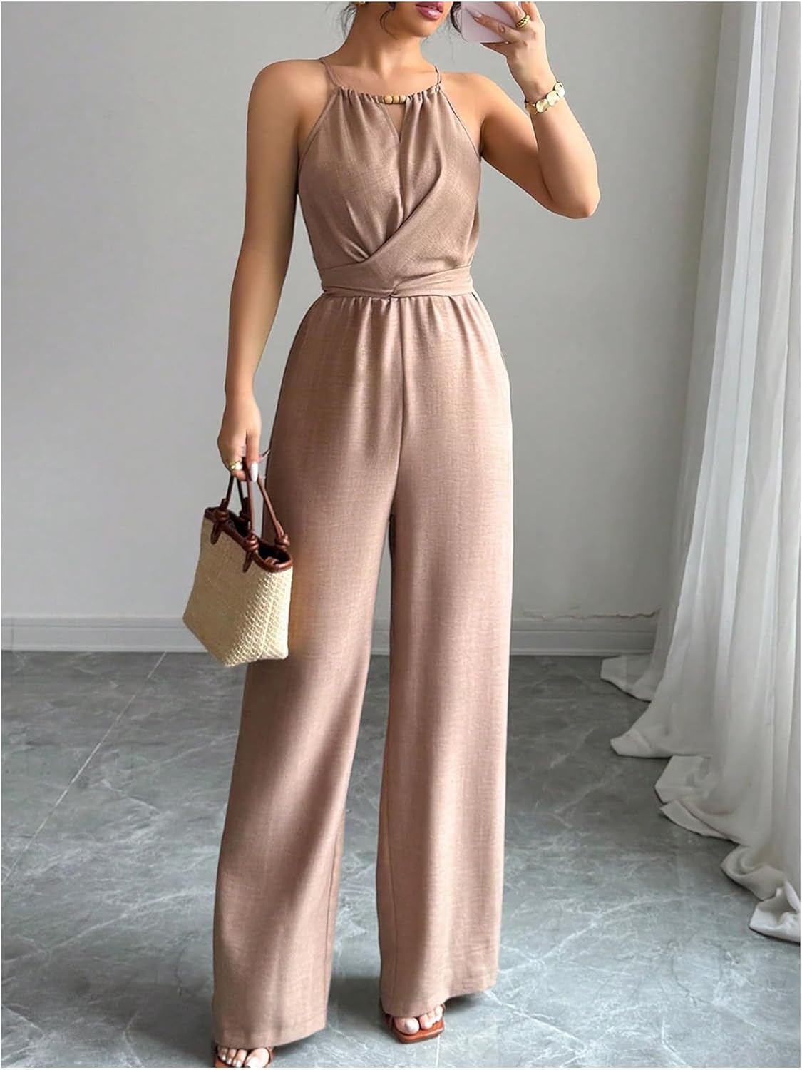 SOLY HUX Women's Elegant Tie Back Halter Jumpsuit Summer Cut Out Wide Leg Dressy Casual Romper - Image 5