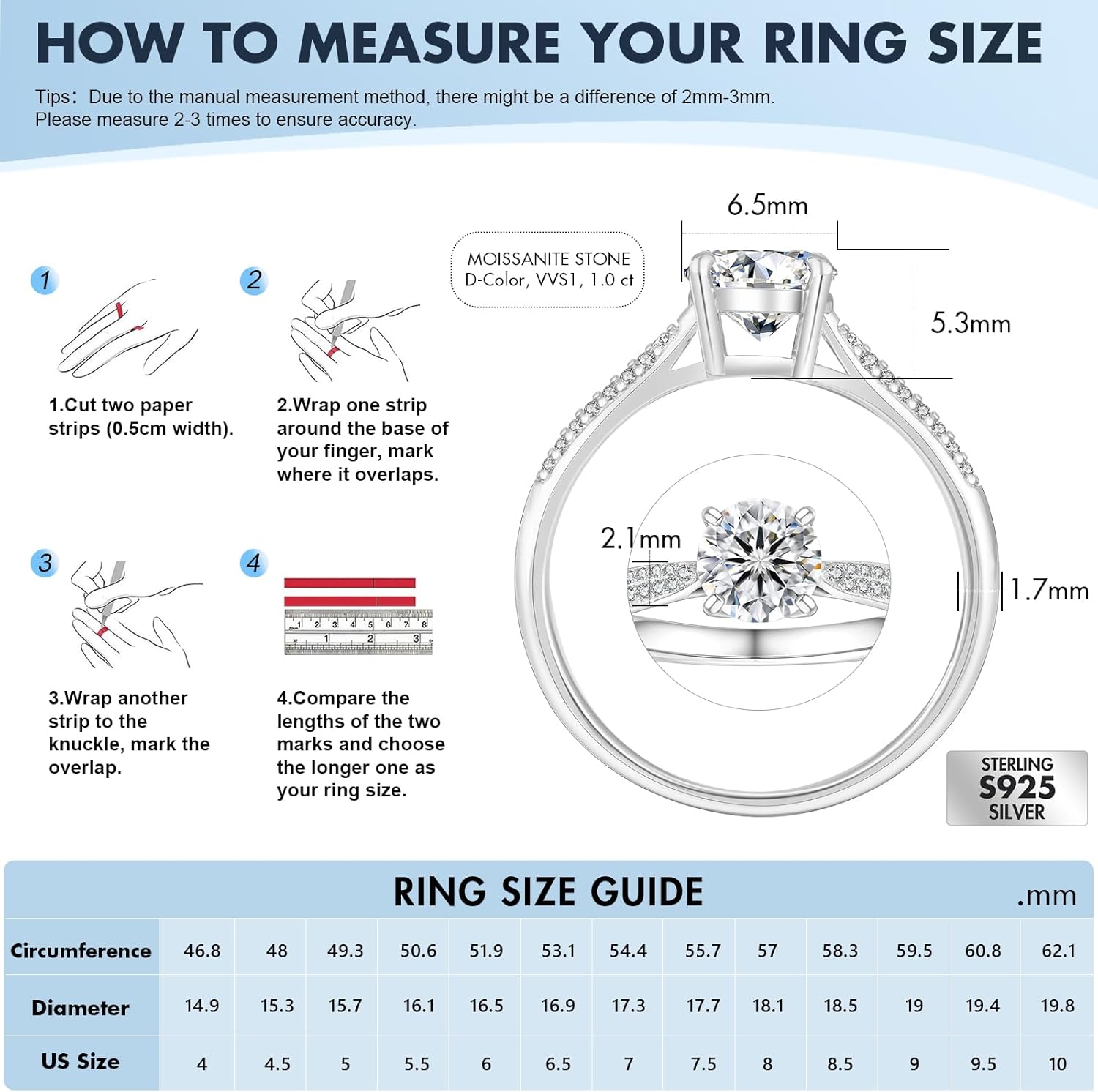 KRKC&CO Moissanite Rings for Women, 1 CT Lab Created Engagement Solitaire Rings, D Color VVS1 Clarity, White Gold Plated S925 Sterling Silver, Promise