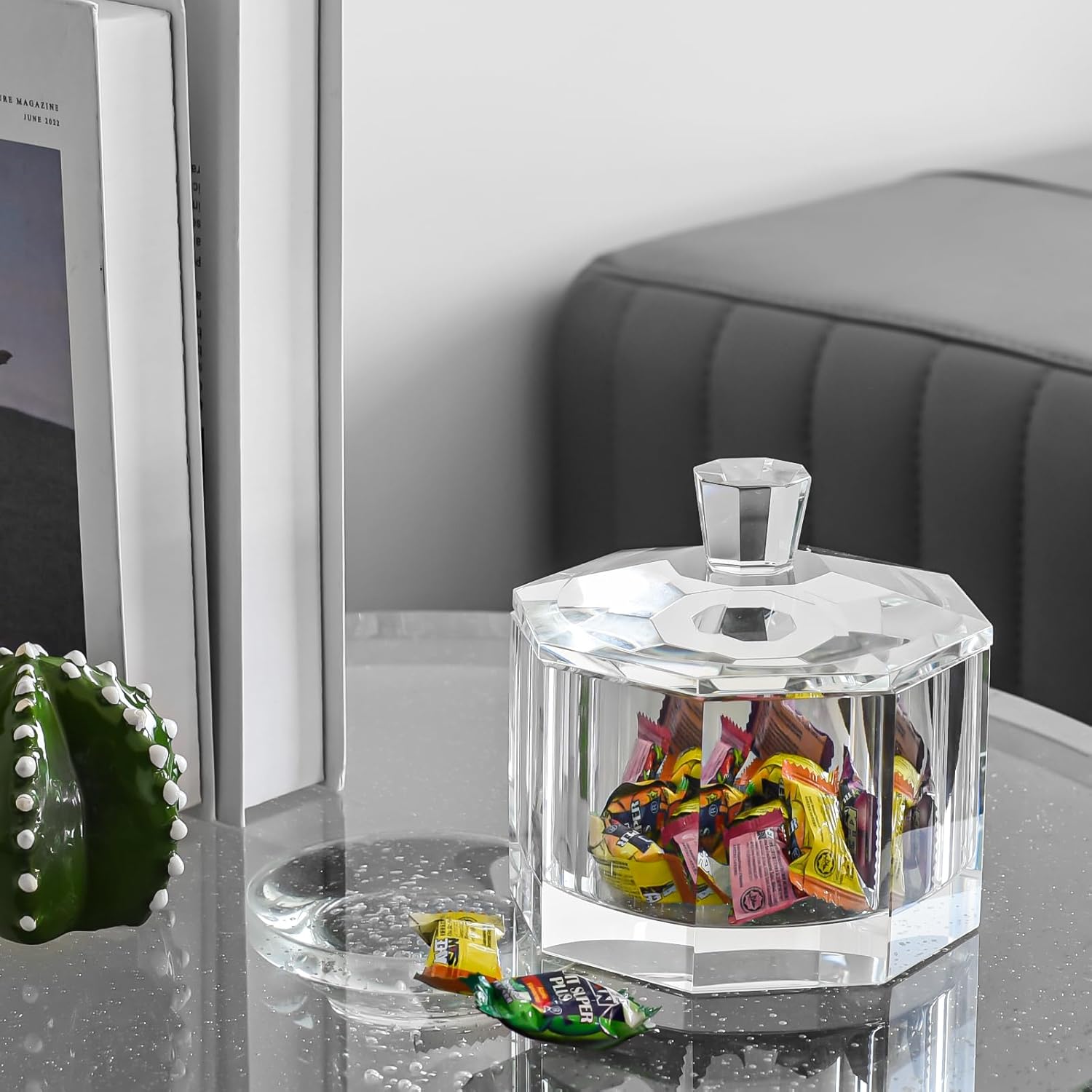 Crystal Candy Dish with Lid Hand-Cut Home Decorative Jewelry Box/Jar W 5" x H 5" with Multi-faceted, Comes With Gift Box