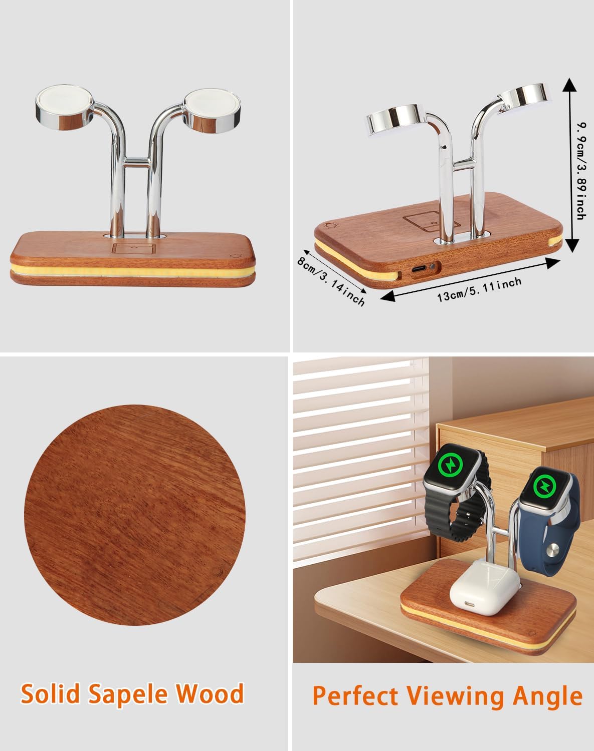 Dual Charger Stand for Apple Watch Series 10 9 8 7 6 5 4 3 2 1 Se Ultra,iWatch Charger Fast Charging Stand Holder for AirPods 4 3 2 Pro,3 Color LED Night Light,Wood Smart Watch Charging Station