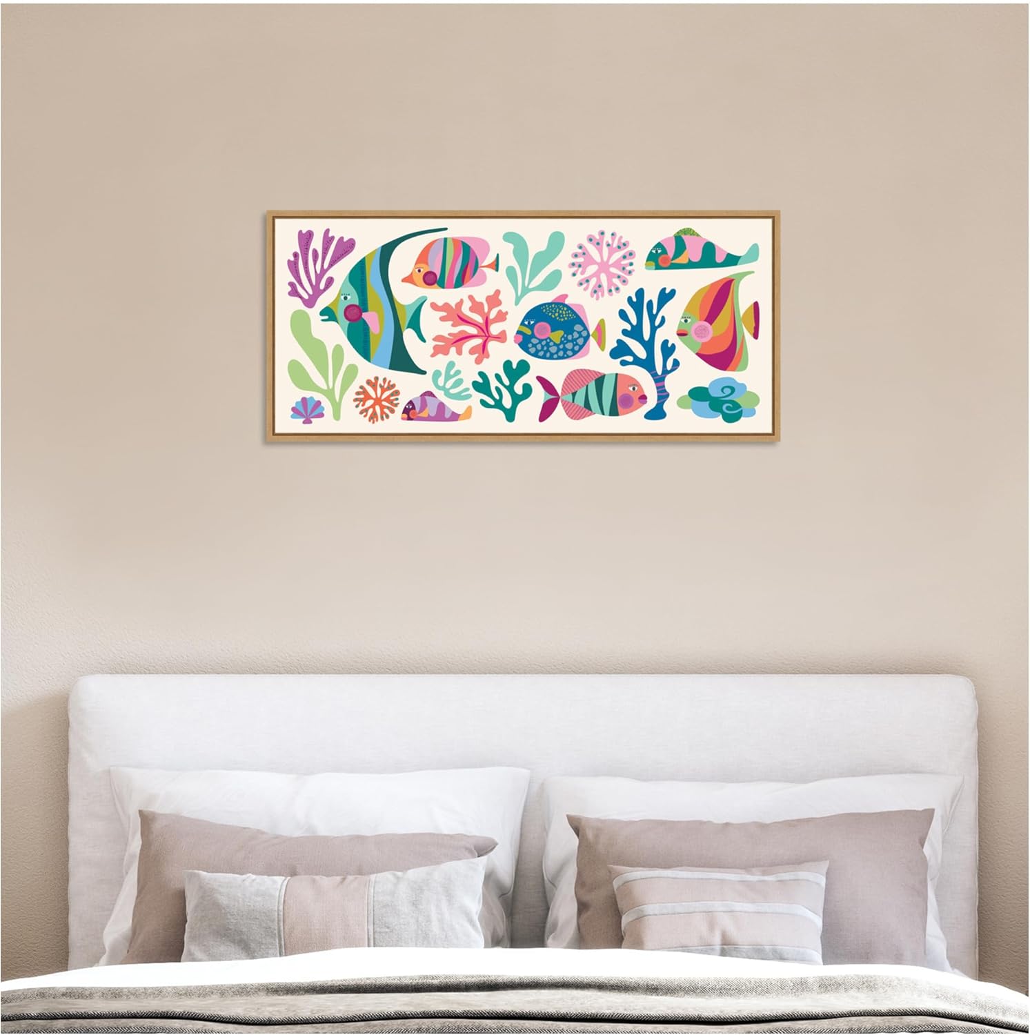 Kate and Laurel Fun Colorful Tropical Fish Framed Canvas Wall Art by Rachel Lee 40 x 18 Sylvie Natural, Whimsical, Abstract, Animals, Beach Art for Wall Decor, Living Room, Bedroom