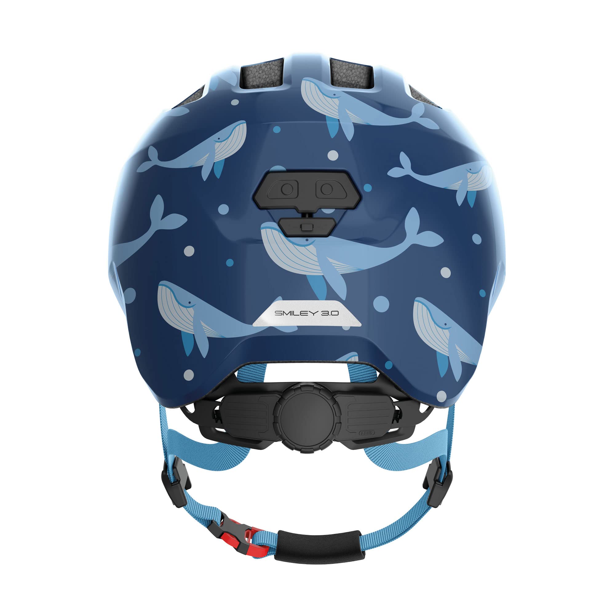 ABUS Kask dziecięcy Smiley 3.0 – kask rowerowy z głębokim dopasowaniem, wzornictwo dostosowane do dzieci i miejsce na warkocz, dla dziewcząt i chłopców – niebieski ze wzorem wieloryba, rozmiar S