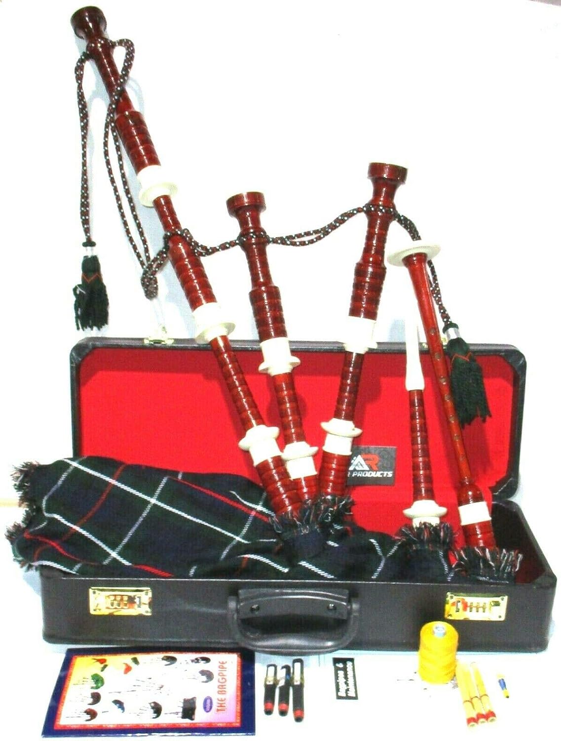 AAR Scottish Great Highland Bagpipes Red Sheesham Wood Finish with Ivory Plastic Mounts full size bag pipes with Tutor Book, and Hard Carry Case