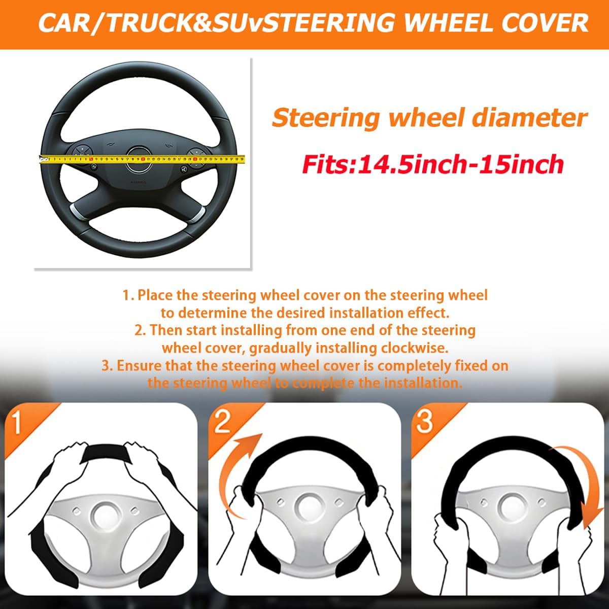 Osilly Car Steering Wheel Cover, 15 Inch Leather Non Slip Vehicle Steering Wheel Cover Protector, Comfortable Automotive Interior Protection Accessories, Universal for SUV Sedan Truck(Black)