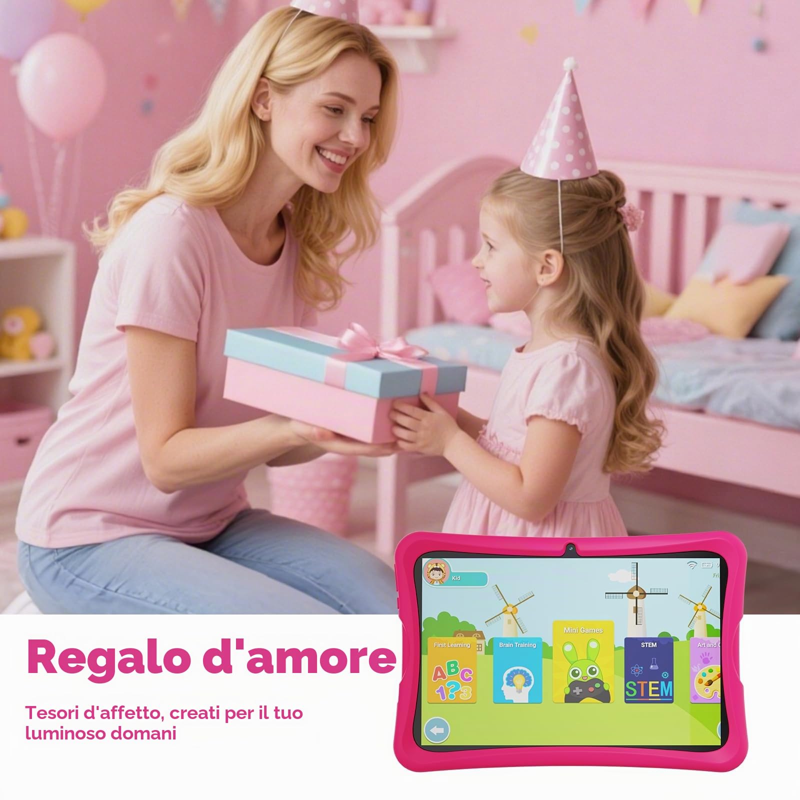 DigiLand Android 15 Tablet Bambini 10,1 Pollici,6GB RAM + 32GB ROM (espandibile), Controllo Parentale, App Bambini Preinstallate, Doppia Fotocamera, con Custodia Protettiva (10 Pollici Rosa 32GB)