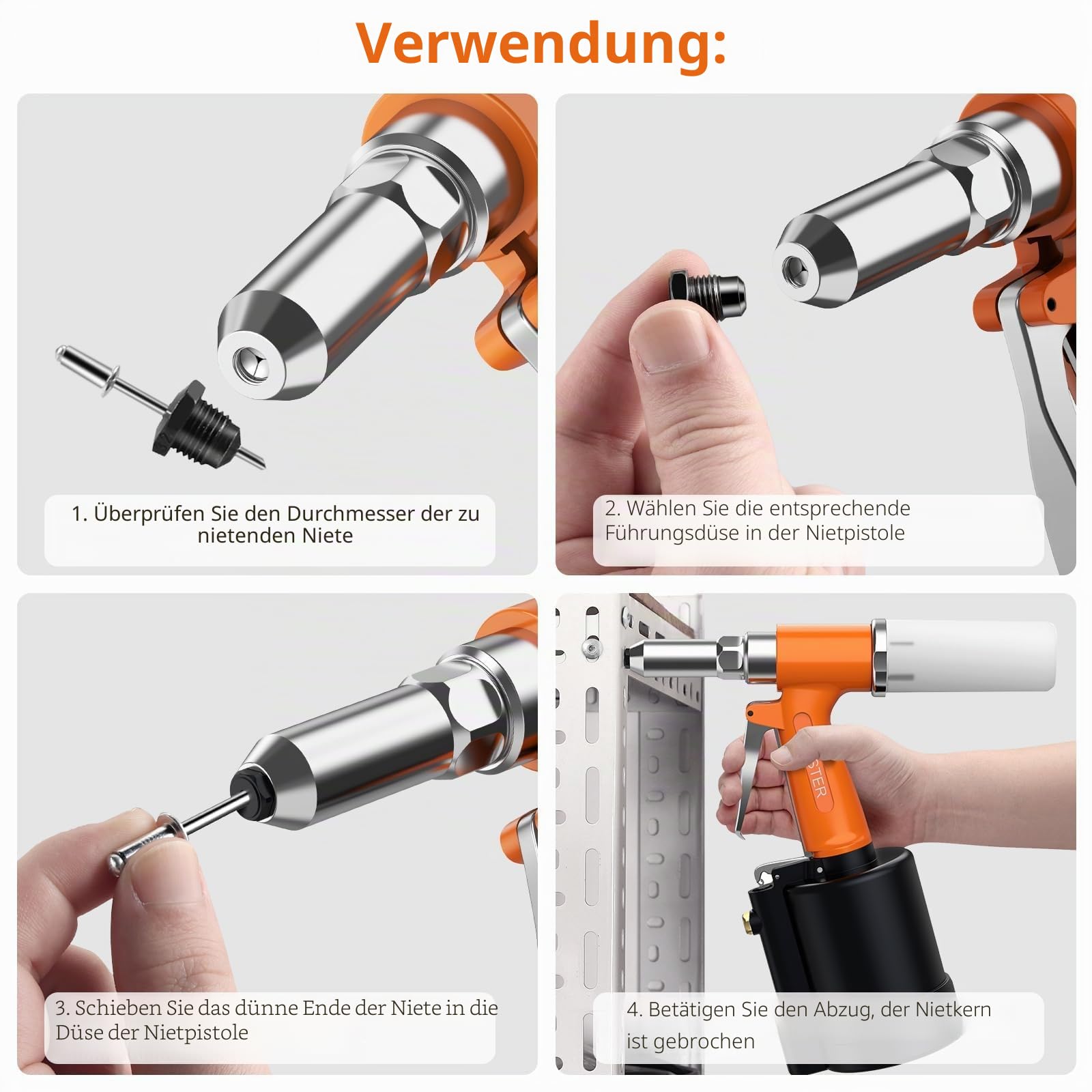 Proster Druckluft Nietzange Nietpistole Blindnietpistole mit 500PCS Nieten, mit 4 Mundstücke 2.4mm, 3.2mm, 4mm, 4.8mm, DIY Werkzeugsatz für Heimwerker & Industrie