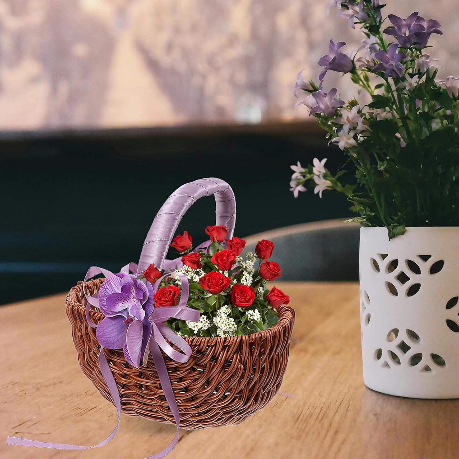 Handheld Wedding Flower Girl Basket, Handwoven Wood and Plastic Decorative Basket with Purple Handle, Party Flower Container for Bridal Ceremony Supplies