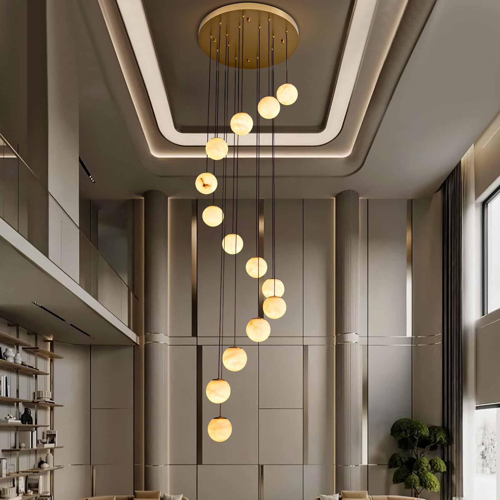Gold Alabaster Chandelier,14-Lights Staircase Chandelier for Living Room, Modern Marble Pendant Light for Hight Ceiling Foyer Entry