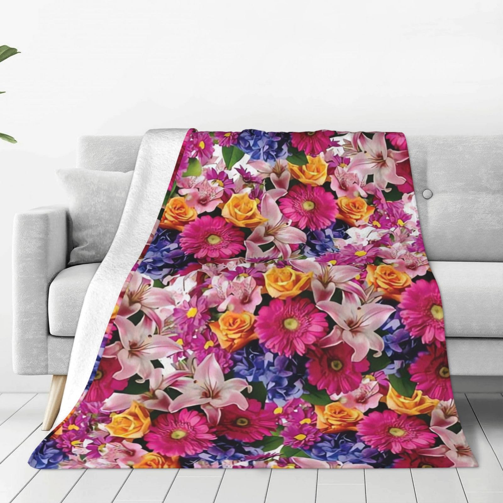 Couverture en flanelle avec imprimé fleurs roses et dorées luxe