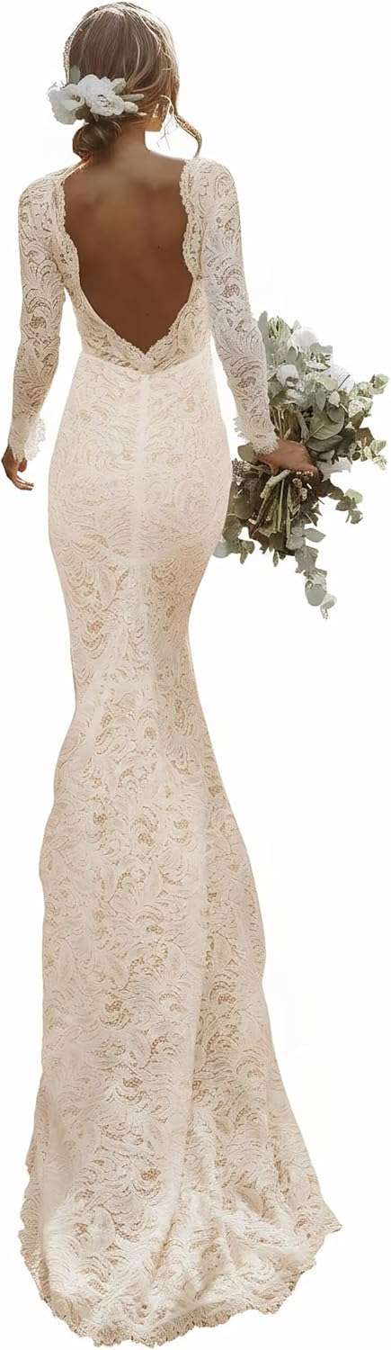 Mermaid Boho Wedding Dress - Long Sleeve Lace Wedding Dresses for Bride Beach Vestidos de Novia para boda Civil