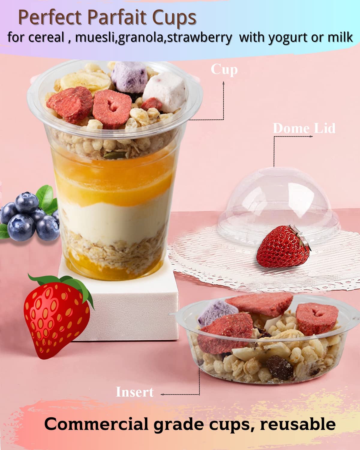 50 juegos de vasos de plástico transparente de 12 onzas con inserto y tapas de cúpula (sin agujero), vasos desechables para parfait con tapas para frutas, yogur, batidos, bebidas frías heladas, salsas