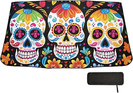Umbrella Car Windshield Sunshade with Pouch Cute Sugar Skull with Flowers Sun Visor Windshield Shade,Foldable, Protect Interior & Keep Cool,Suitable Most Vehicles, 55
