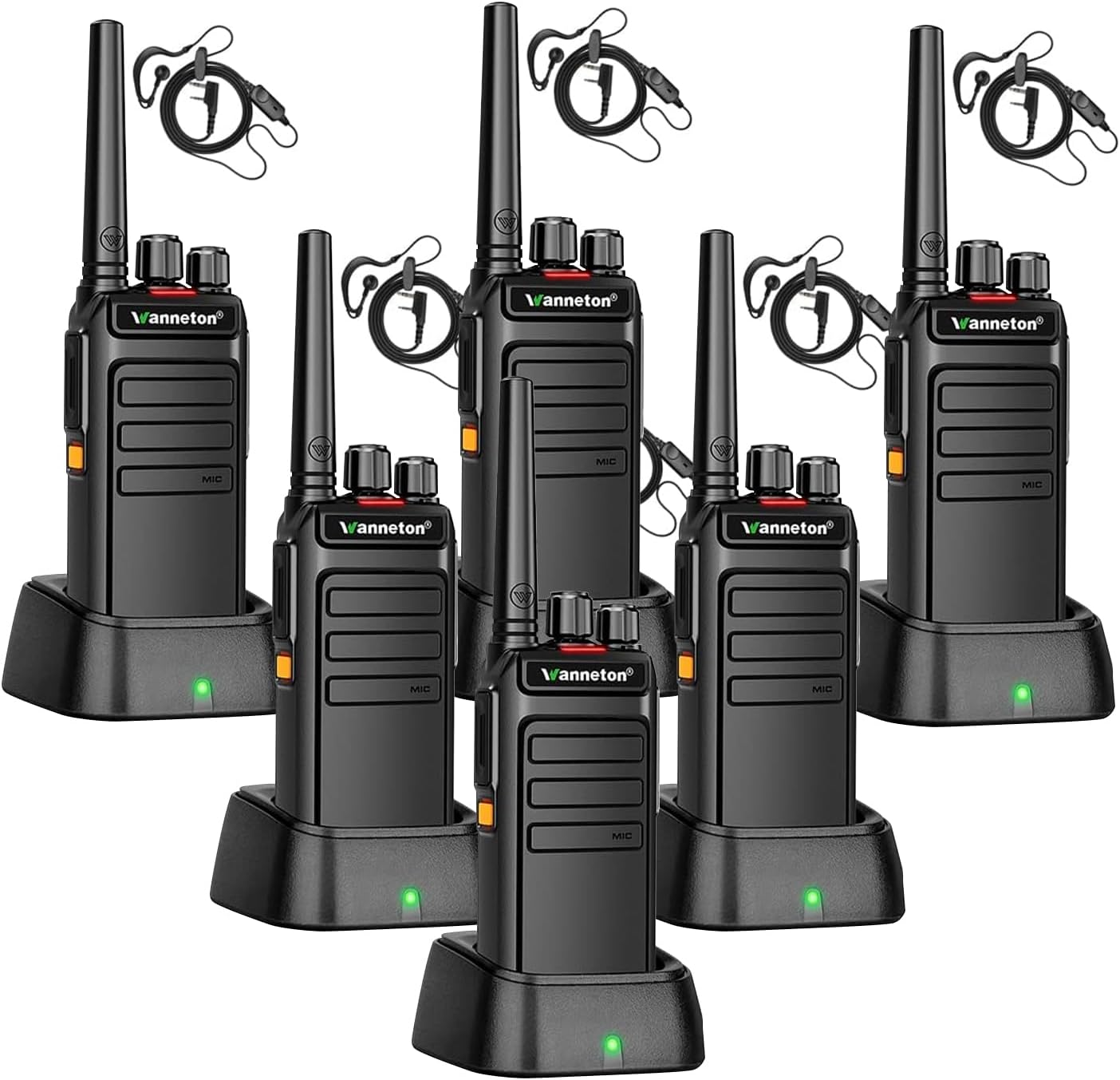 Six Wanneton W-F3 walkie talkies in charging cradles, with antennas and earpieces attached.