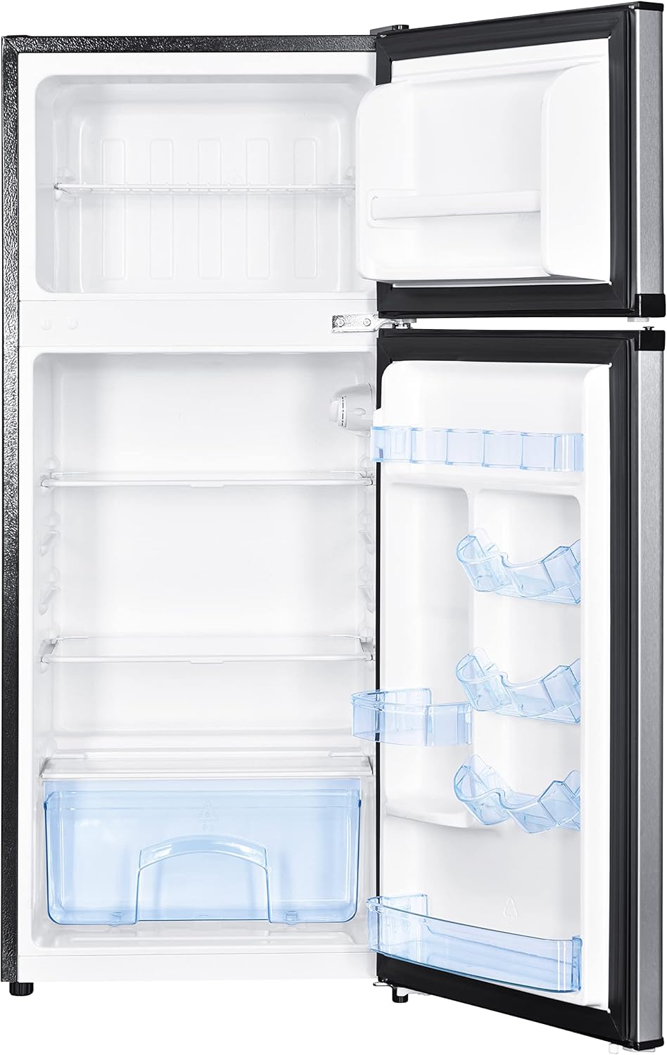 Avanti Apartment Refrigerator Freestanding Reversible Dual Doors Compact Design Full Fridge with Top Freezer, Adjustable Shelves, Full Range Temperature Control, with Crisper, 4.5-Cu.Ft, Metallic