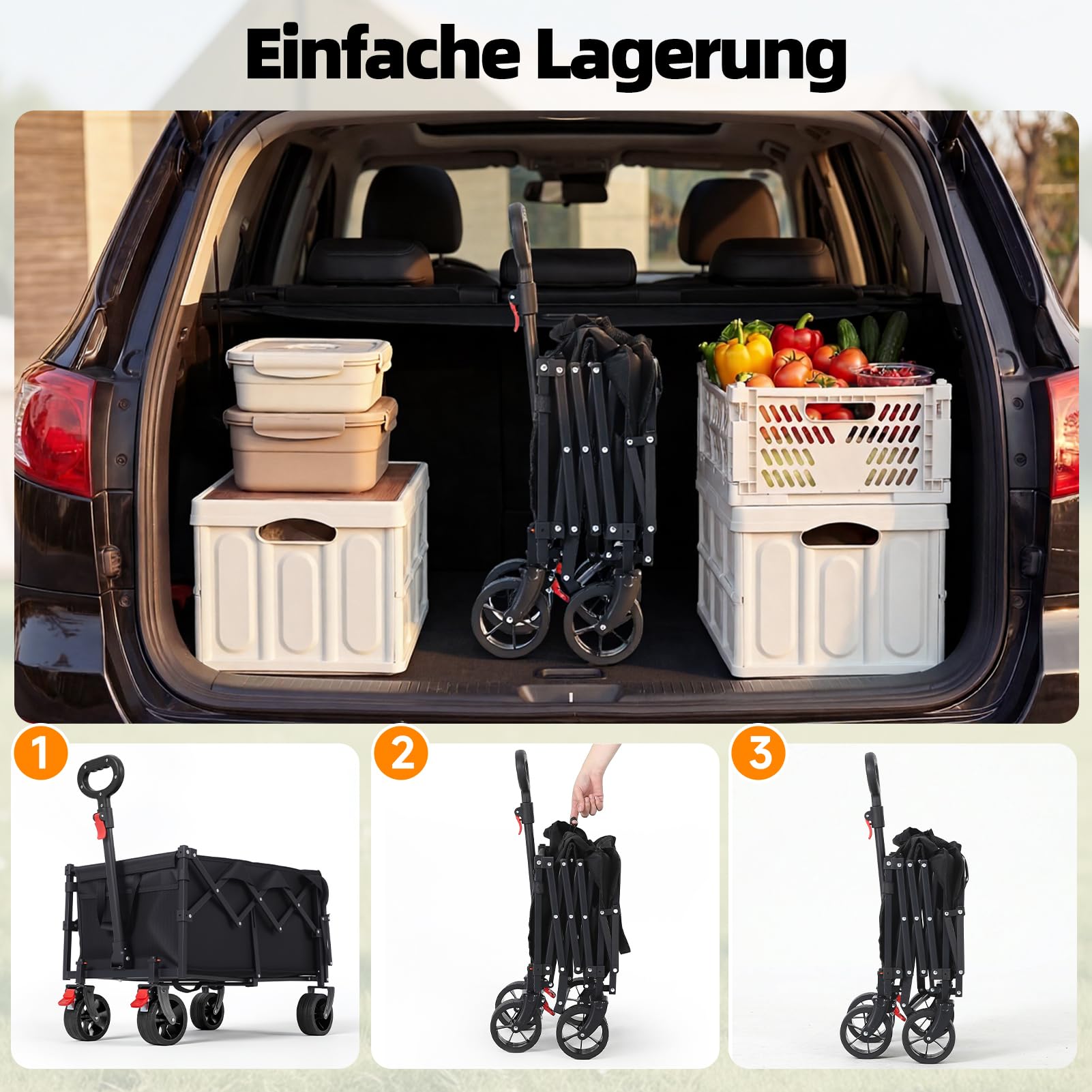 HAUSPROFI Carrello pieghevole da 100 l, portata 100 kg, adatto per fuoristrada, con freni, All-Terrain, tasca laterale e portabevande per esterni, campeggio, giardino e shopping