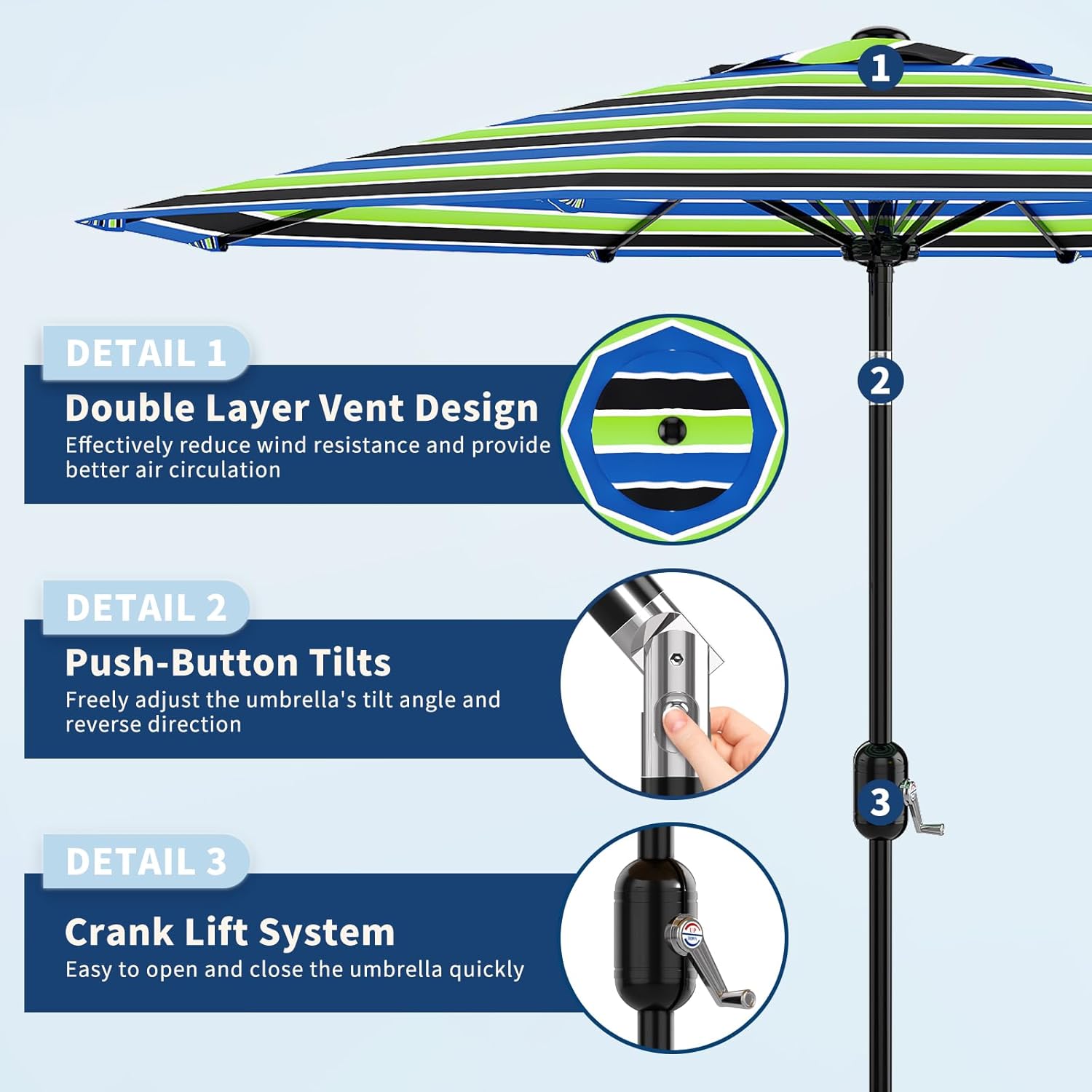 9ft patio umbrella - 8 sturdy ribs outdoor table umbrella with crank lift & push button tilt - market umbrella for pool, deck, yard, garden - tricolor stripe tricolor stripe 9ft