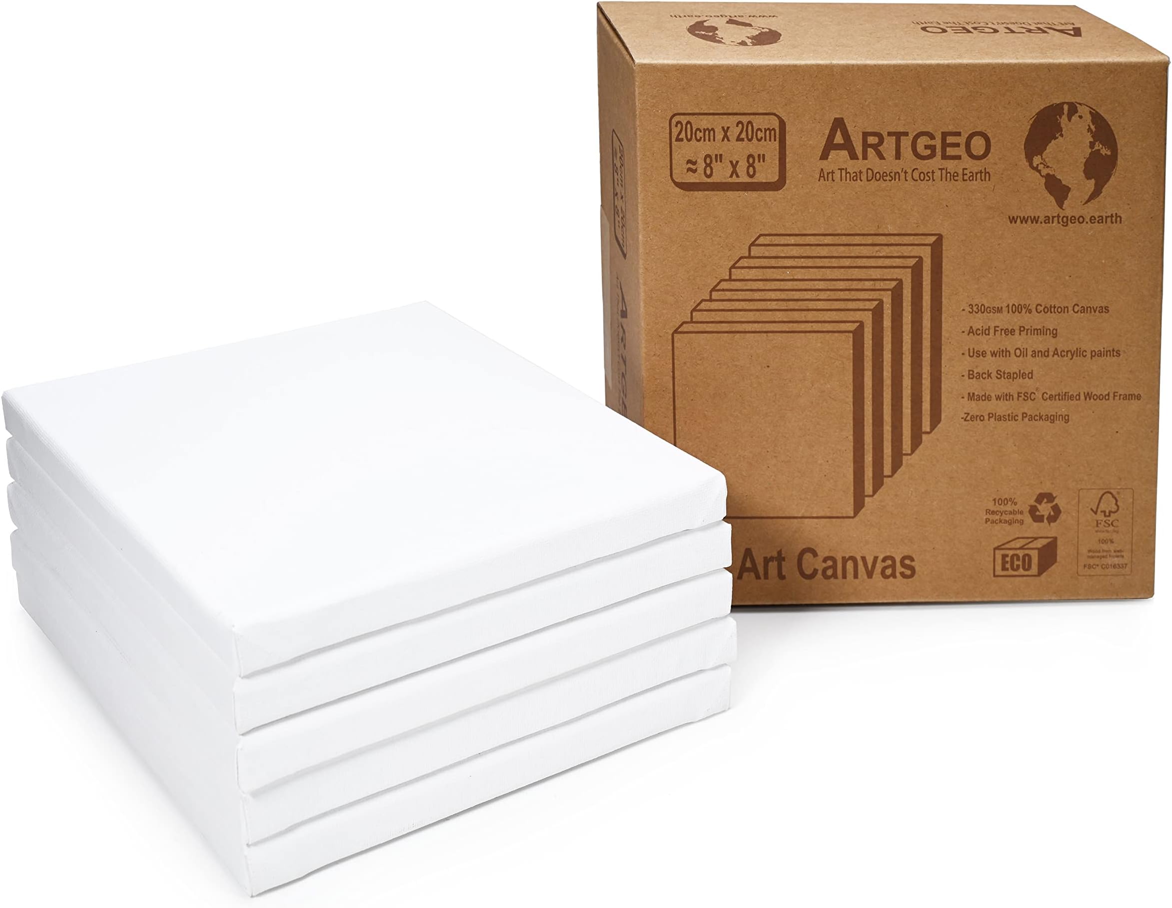 ArtGeo 20cm x 20cm (8" x 8") FSC, Stretched Art Canvas, Pack of 5 100% Plastic Free Packaging