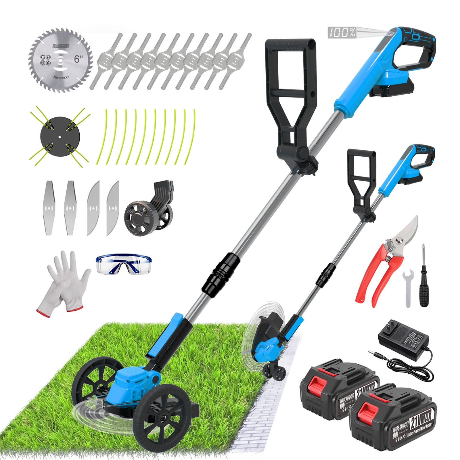 (used)cordless weed wacker eater battery powered, 21v lightweight electric weed trimmer with 2 battery operated & charger& wheels & shears, no-string grass trimmer/brush cutter/lawn edger for yard garden