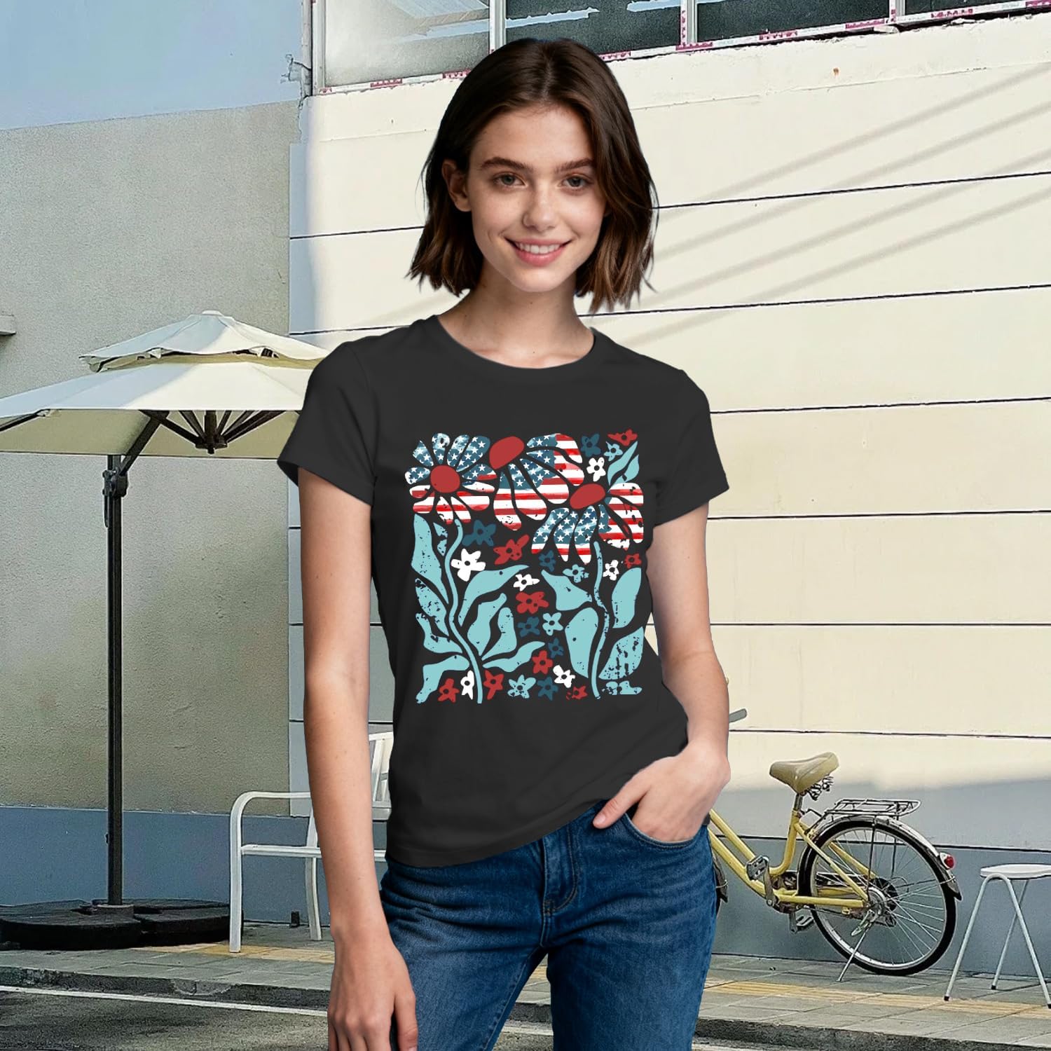 4th of July Shirts for Women Patriotic USA Tshirts American Flag Floral Flower Tee Tops - Image 4